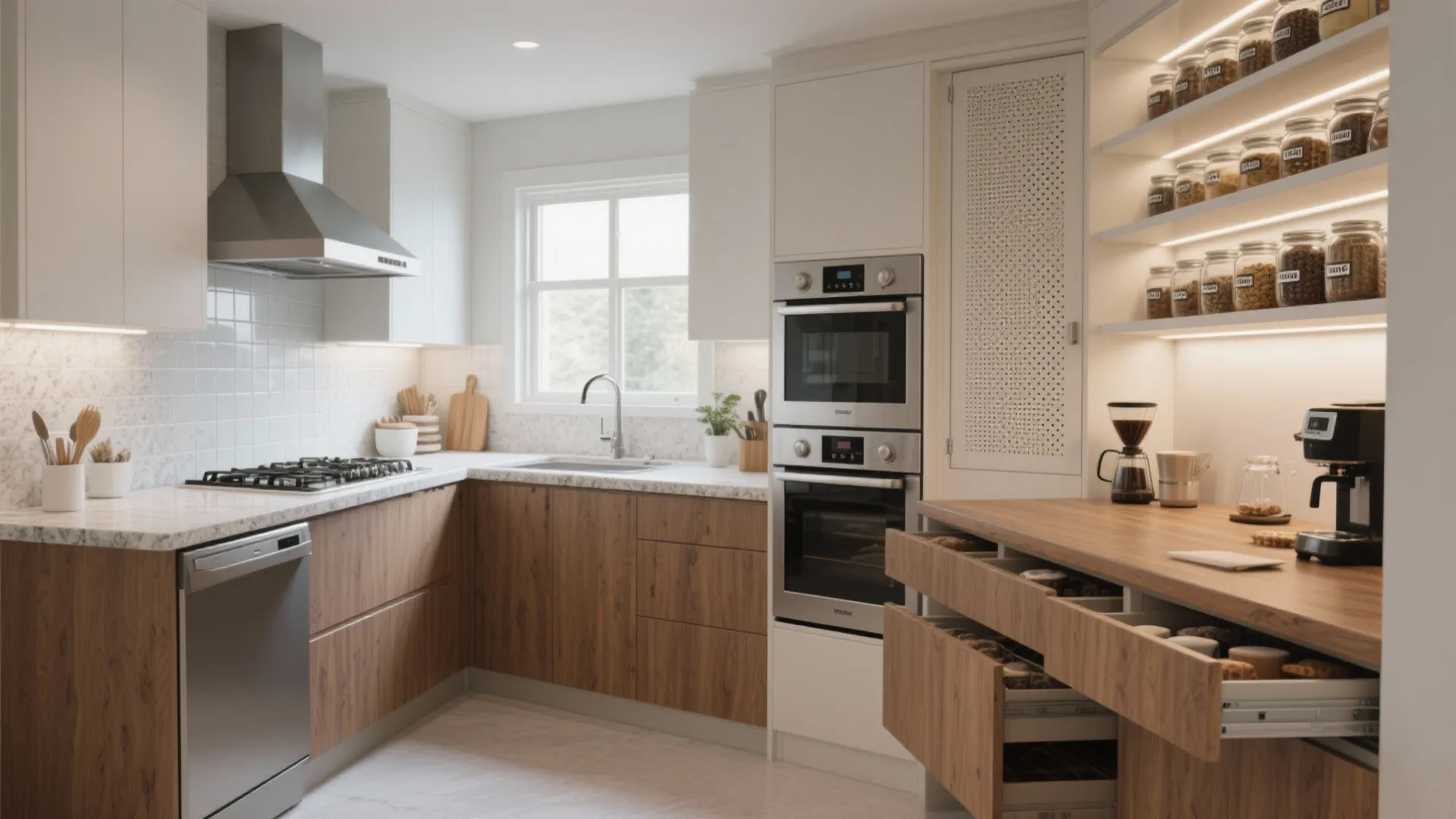 Modern kitchen with wood cabinets white countertops silver oven and a large window for light