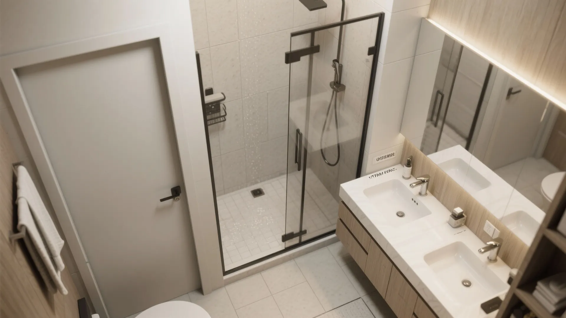 Modern bathroom interior design drawing with glass shower door double sink vanity and white tiled floor