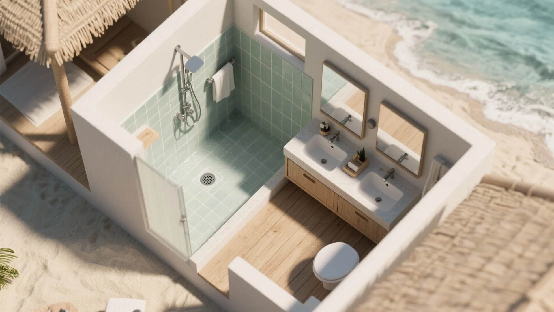 Cutaway interior design drawing of beach bathroom with green tiles, wood floor, double sink, and toilet