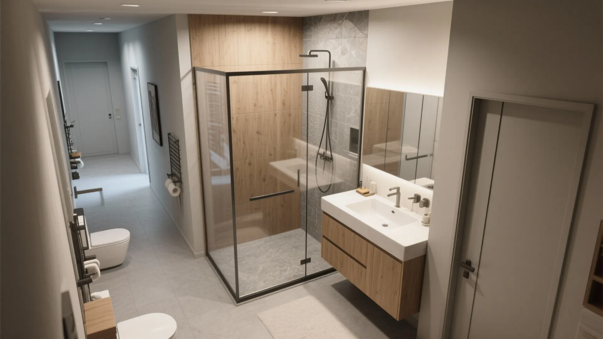 5) Wet–dry bathroom logic and traffic that just makes sense