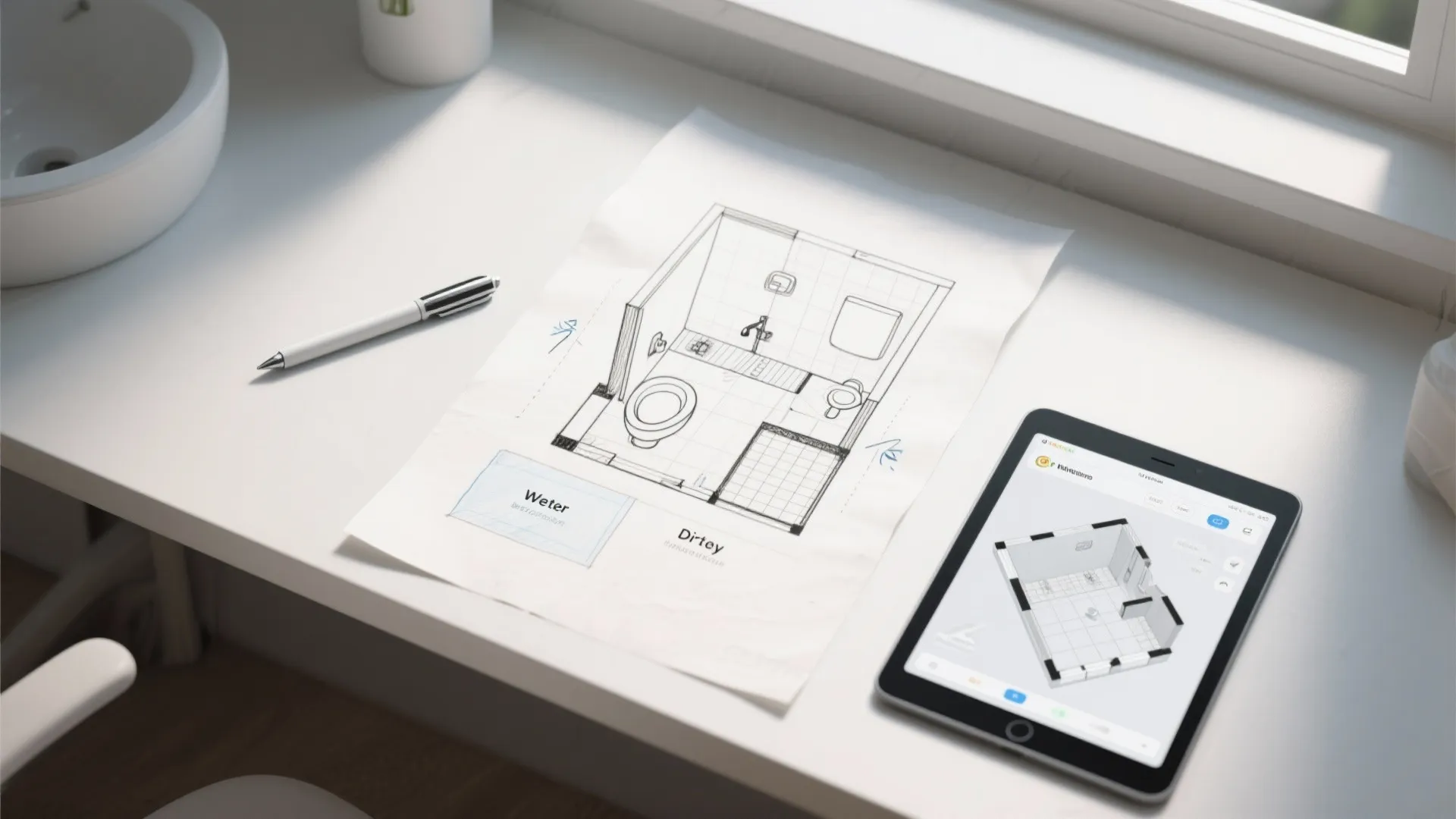 Hand drawn bathroom floor plan sketch on paper next to tablet showing 3D room layout design