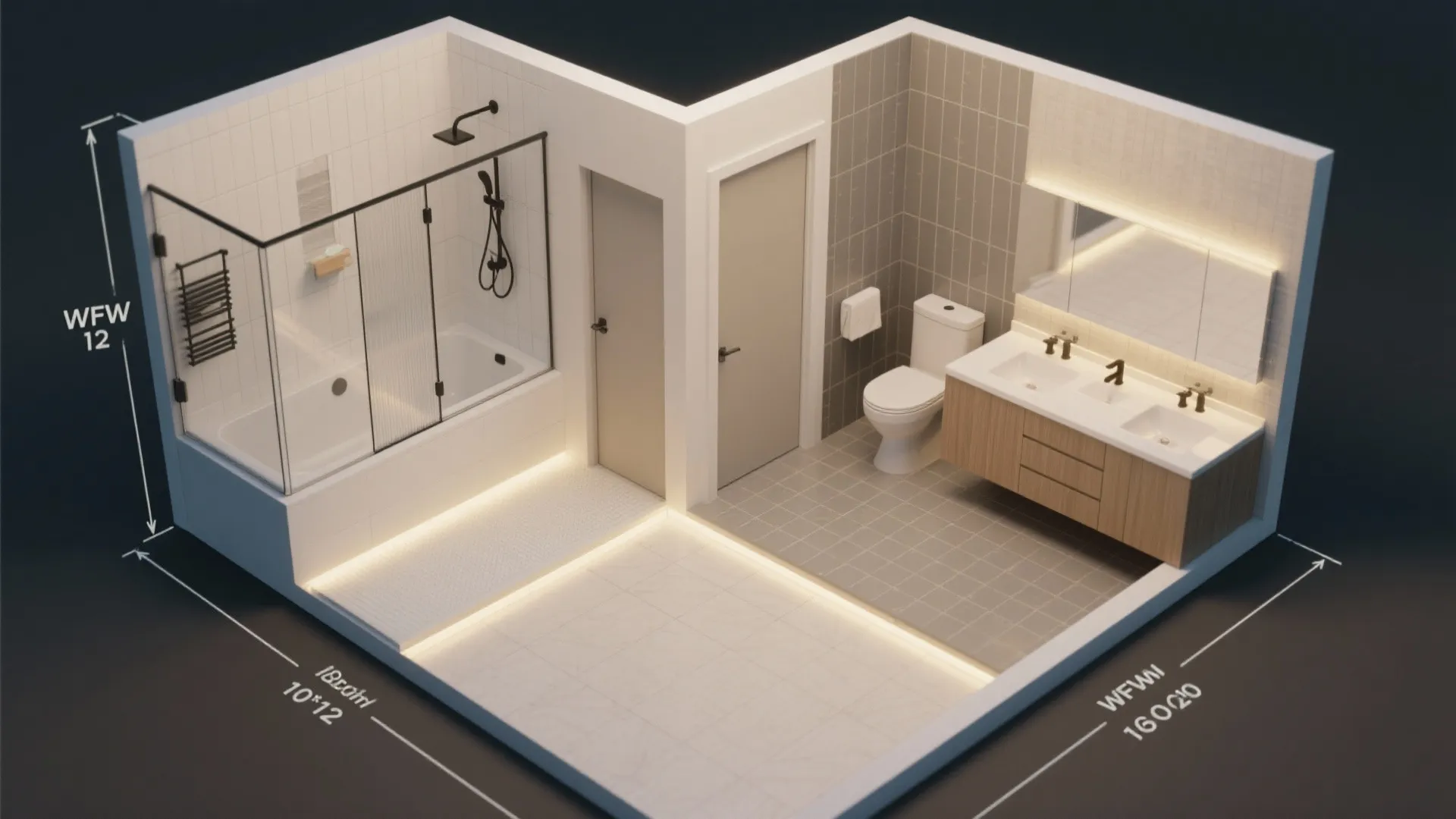 Interior design drawing showing bathroom split into bathtub area and toilet with double sink cabinet