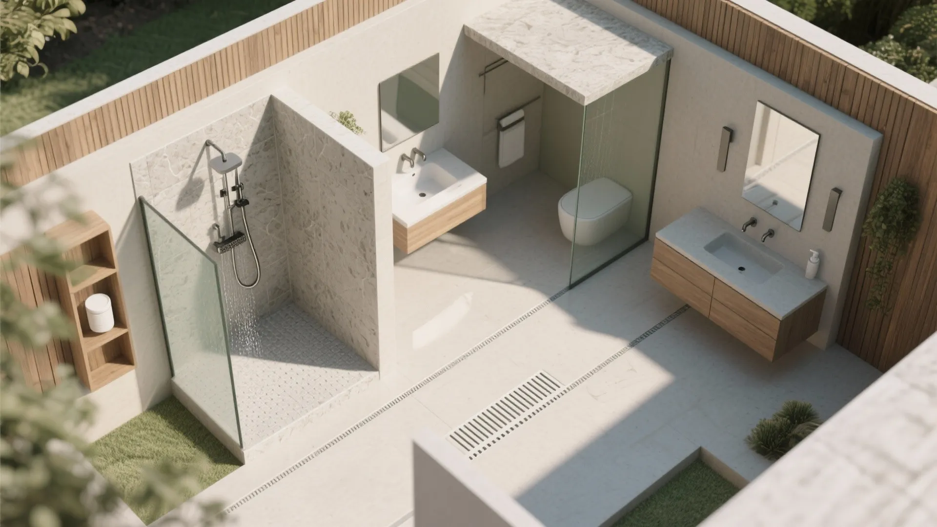 Modern bathroom interior design drawing with shower area glass partitions toilet two sinks and wooden cabinets
