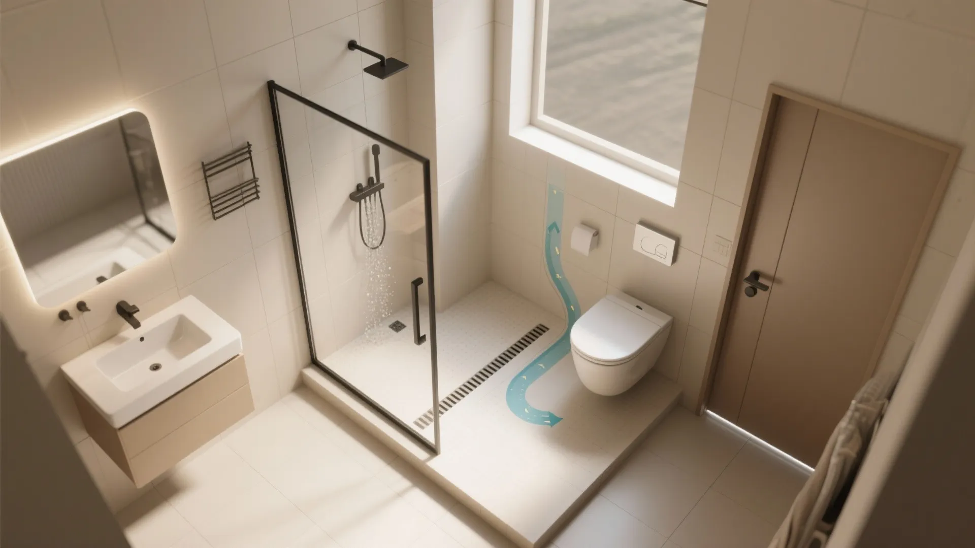 Interior design drawing showing top view of bathroom with shower, toilet, sink, and drainage arrows