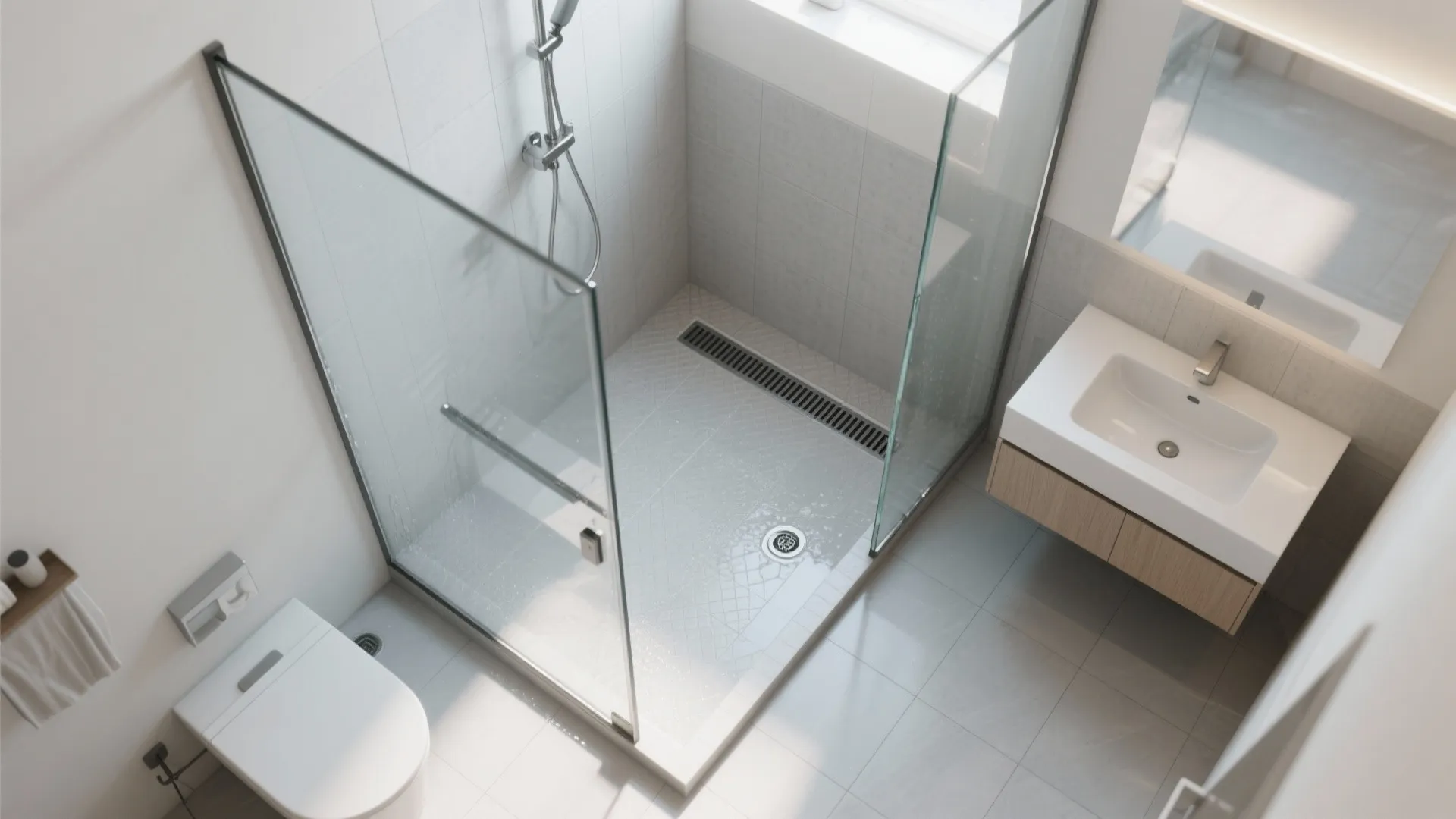 Top view of a clean bathroom with glass shower door, white toilet, and wooden cabinet sink