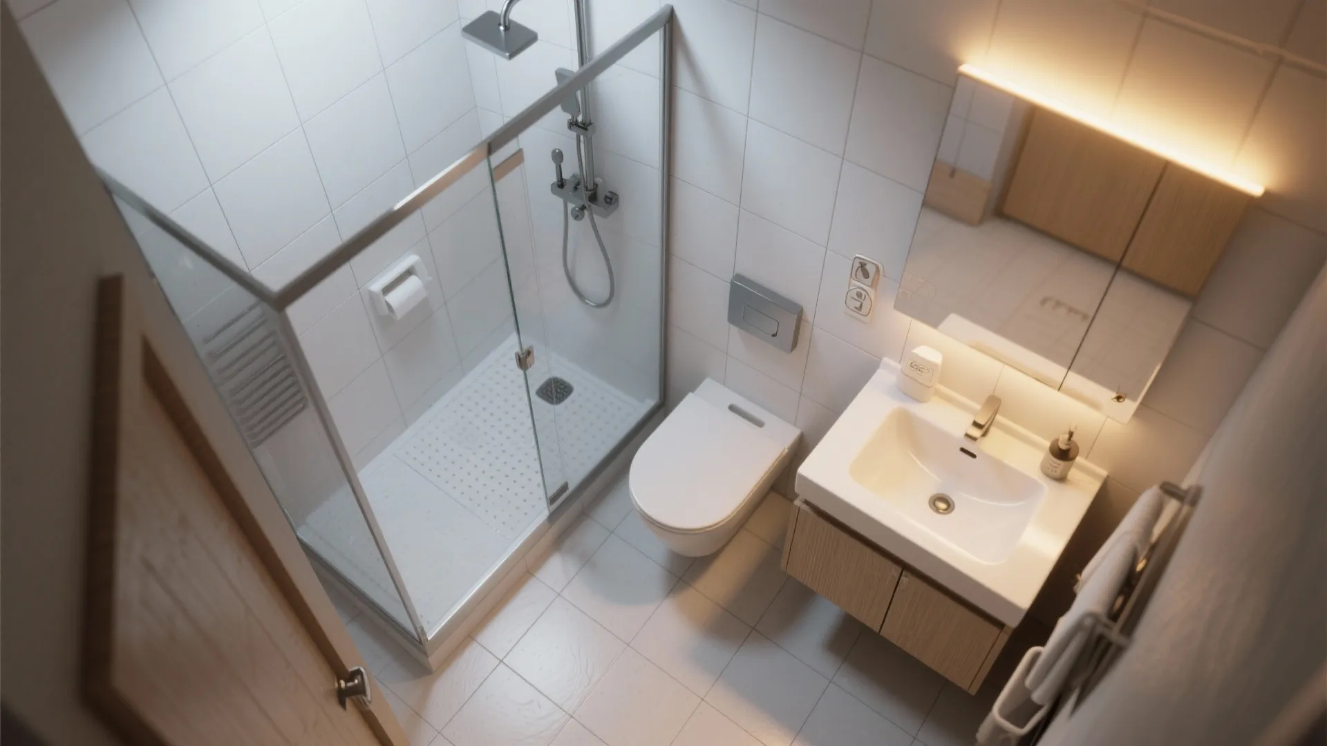 Modern small bathroom interior with glass shower cabin white toilet and wooden sink cabinet set