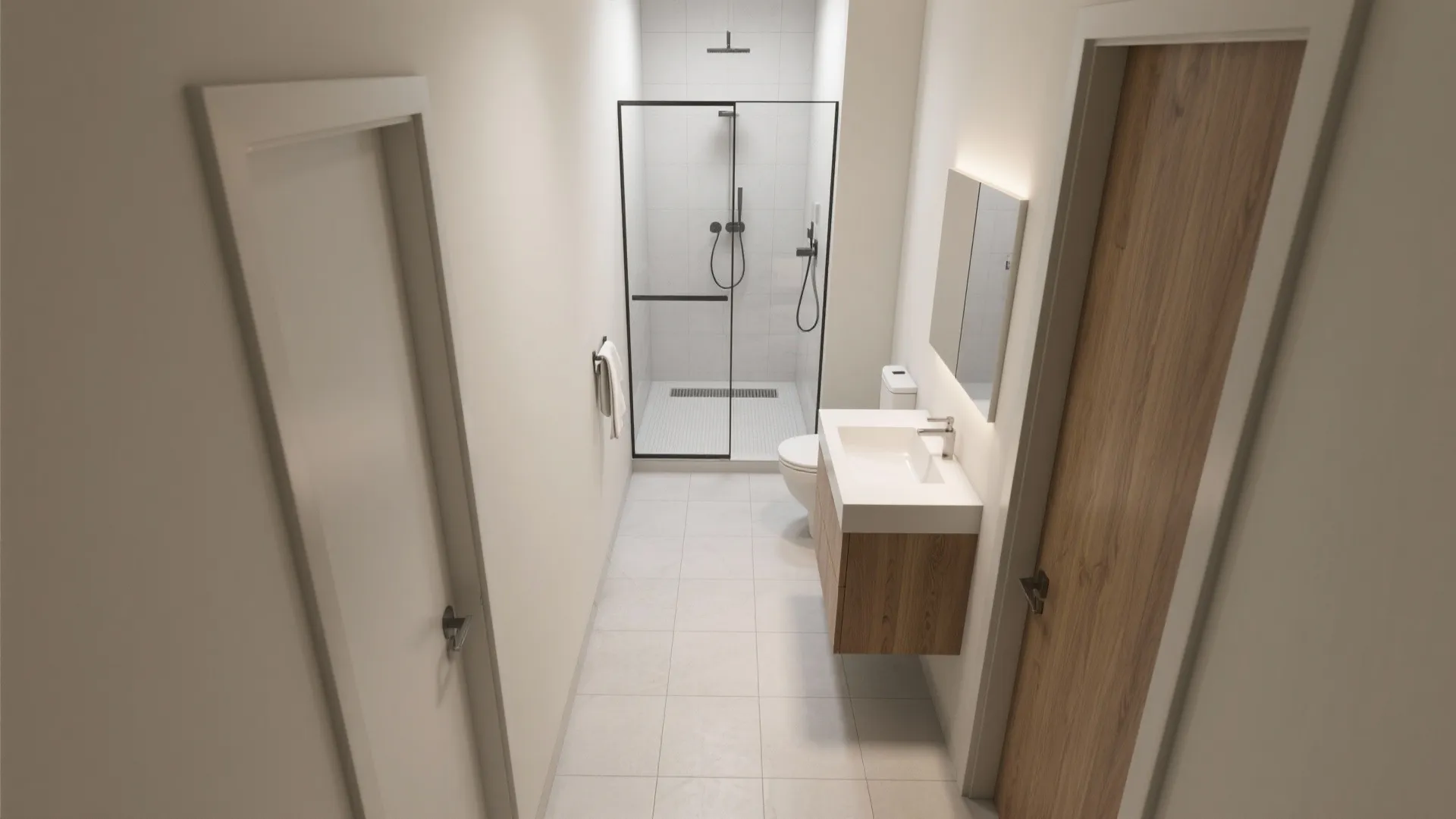 Interior design drawing of long bathroom with glass shower, white sink, wooden cabinet, and doors