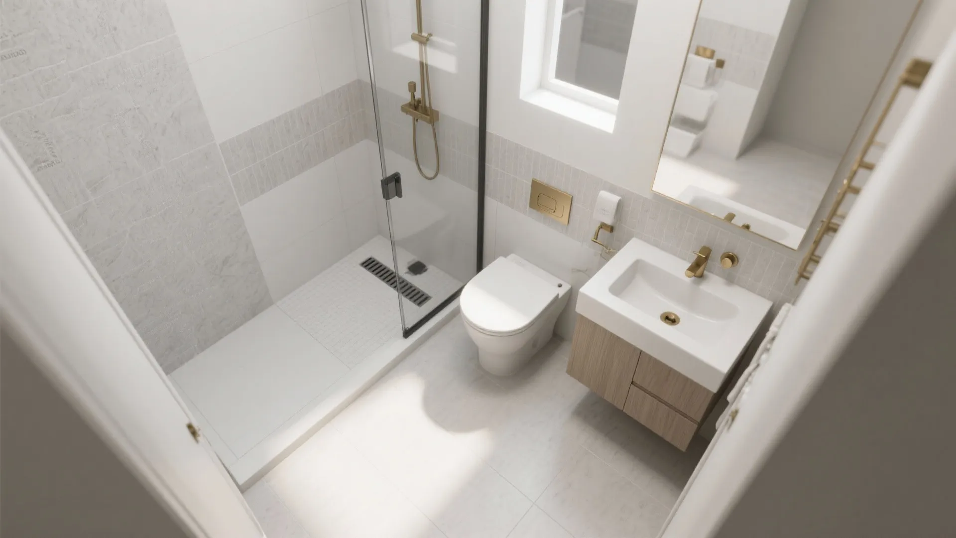 Modern small bathroom interior featuring glass shower door white toilet wooden sink cabinet and gold hardware