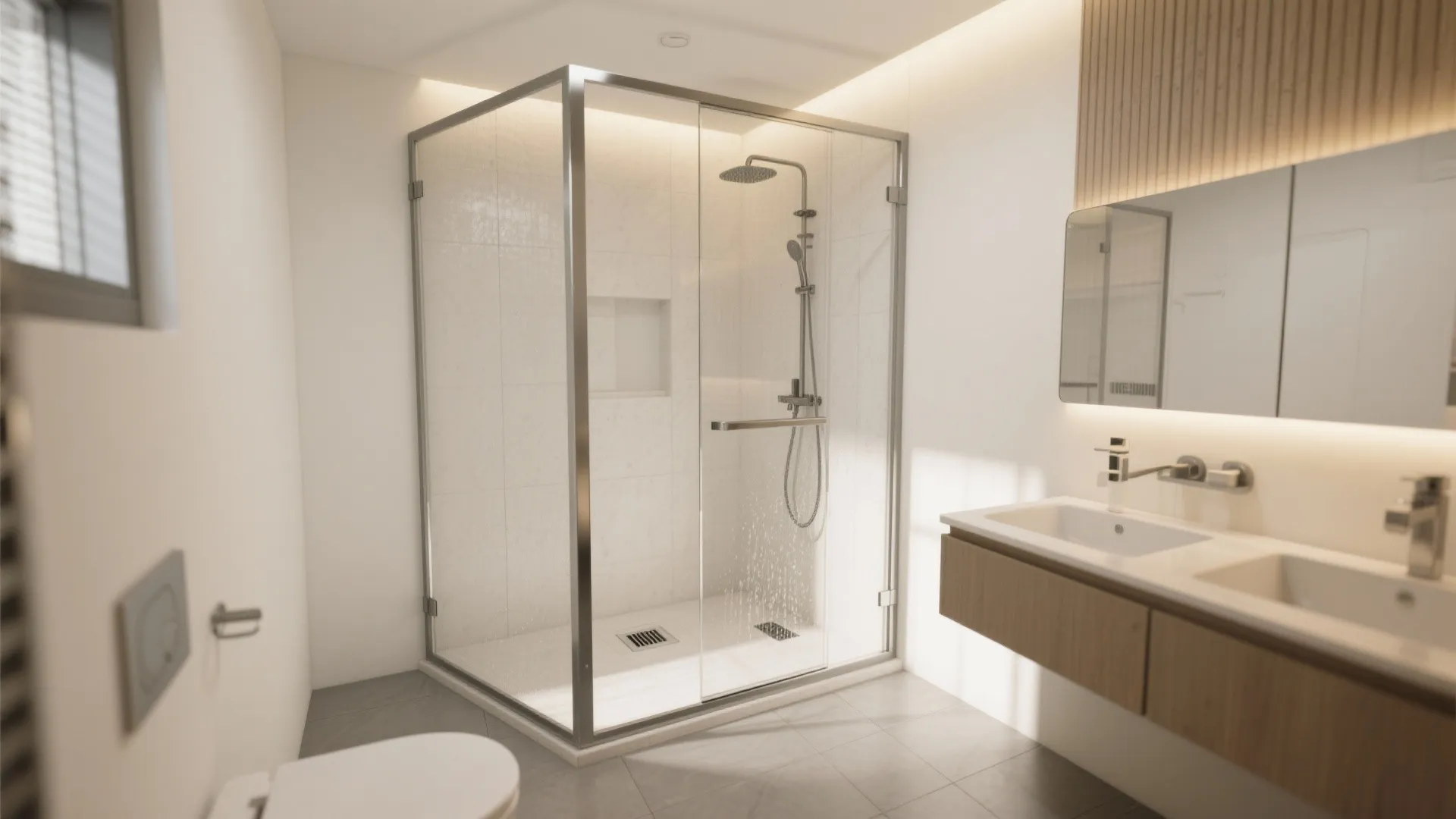 Wet-dry bathroom layout with a fixed glass shower panel, corner drain, and a dry vanity zone.