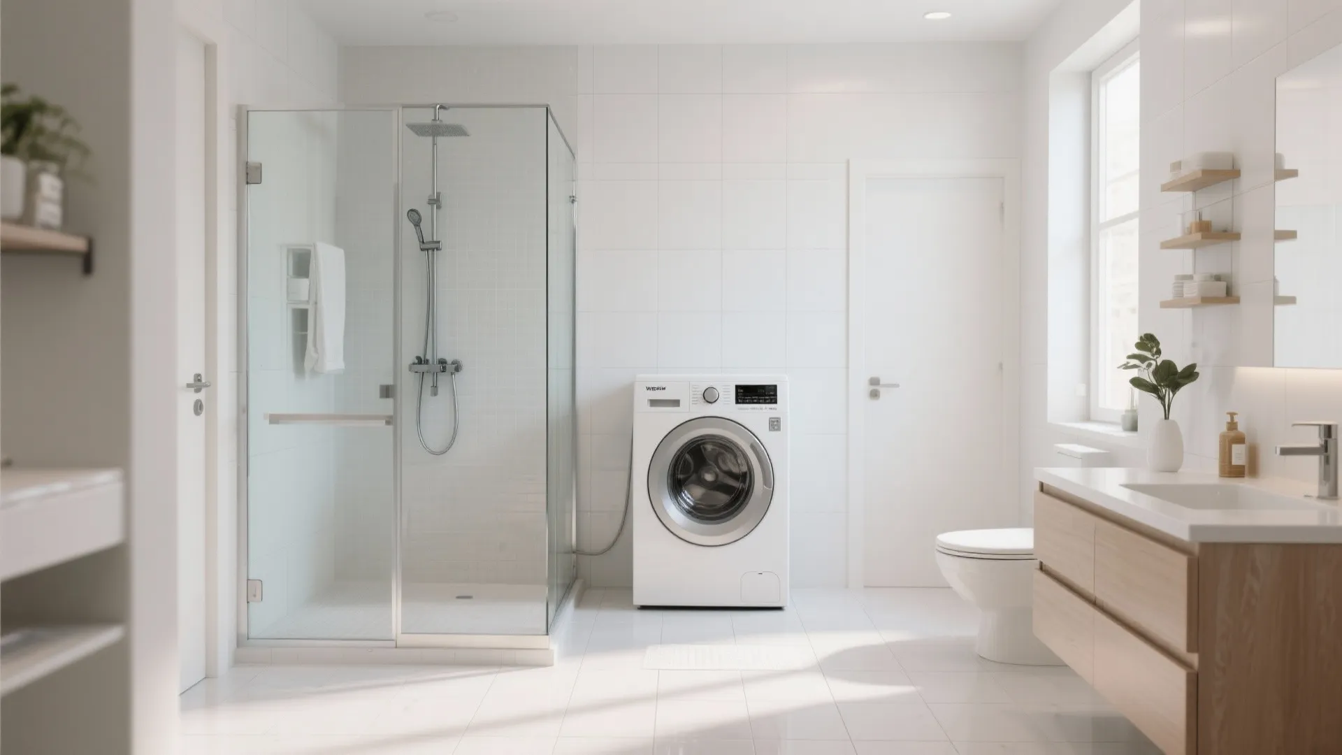 Bright white bathroom layout with glass shower box, washing machine, toilet, and wooden sink cabinet