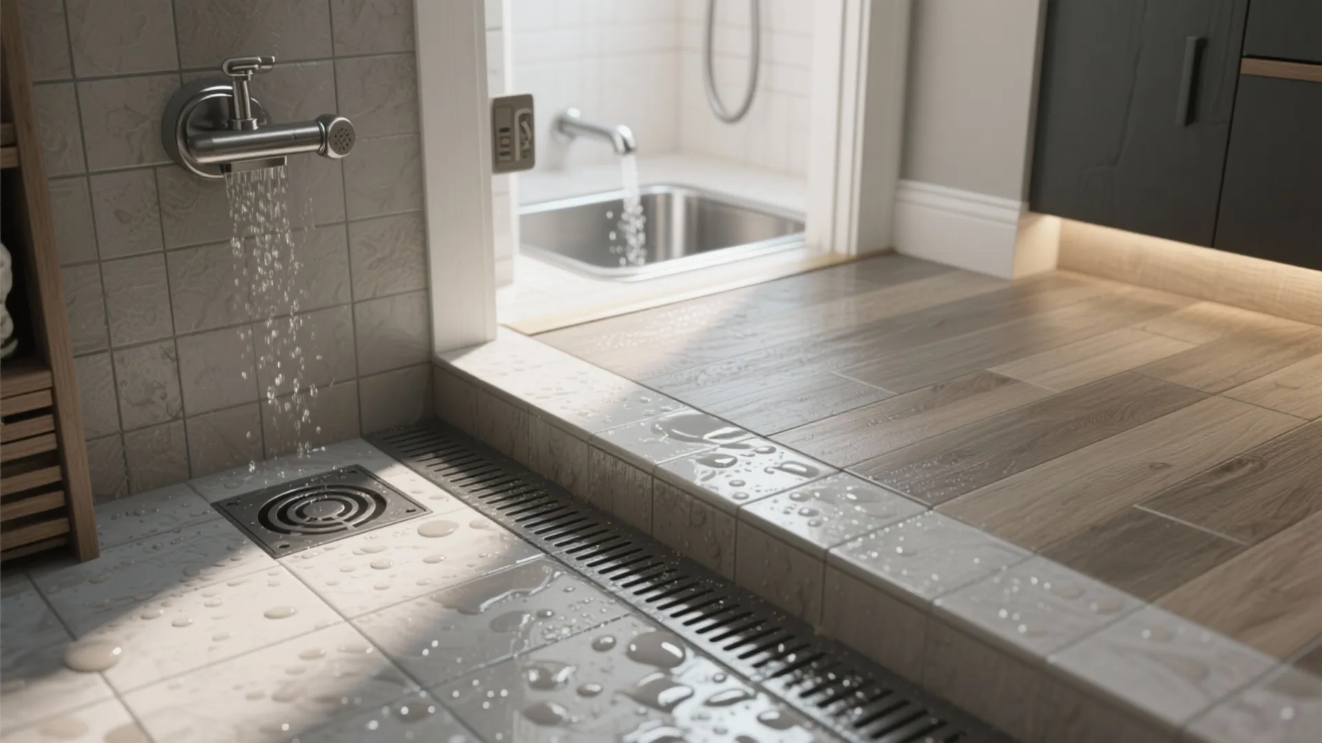 Close up view of floor drain in bathroom area separating wet tile and dry wood flooring