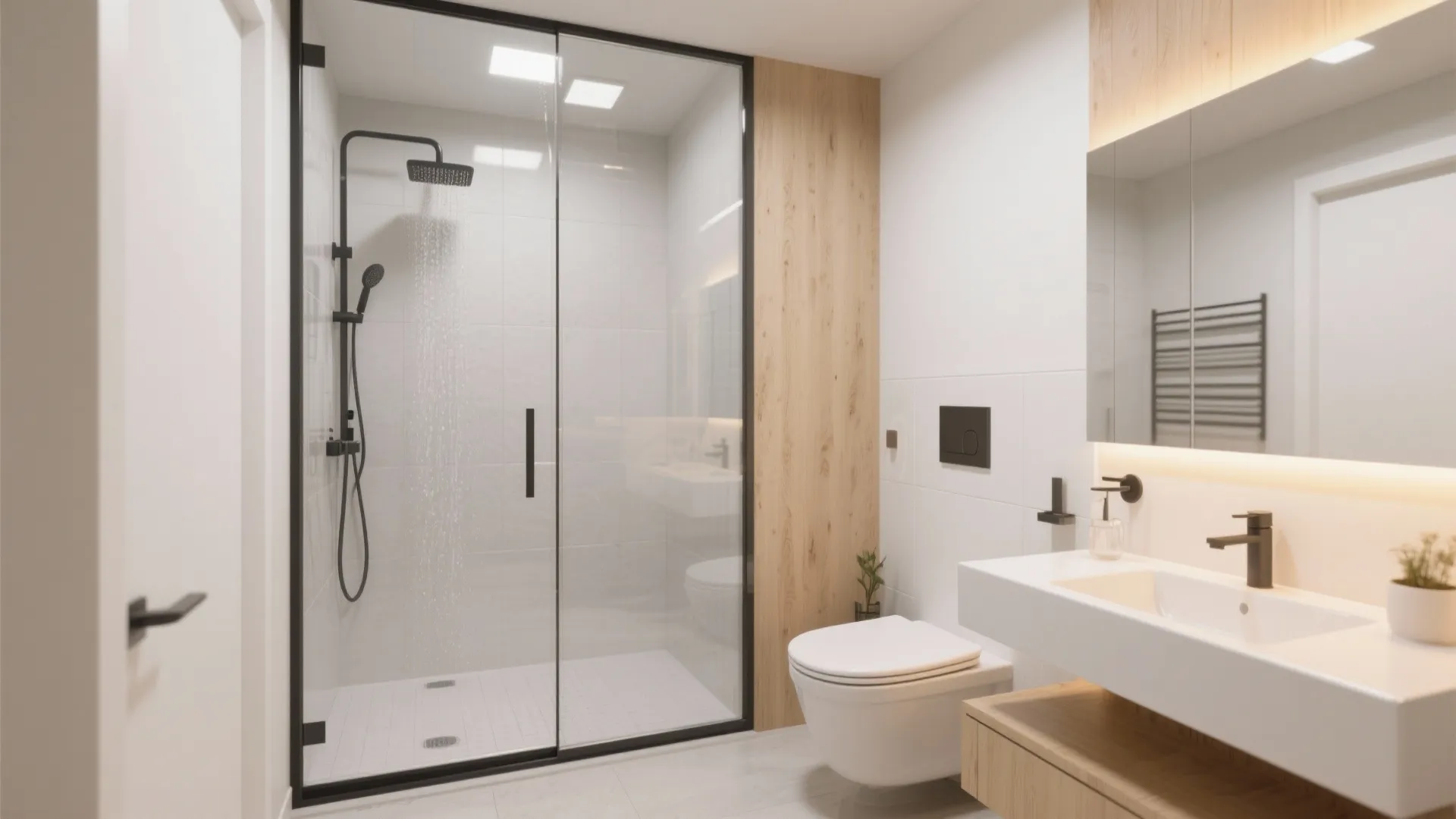 Small bathroom with glass partition separating wet and dry areas
