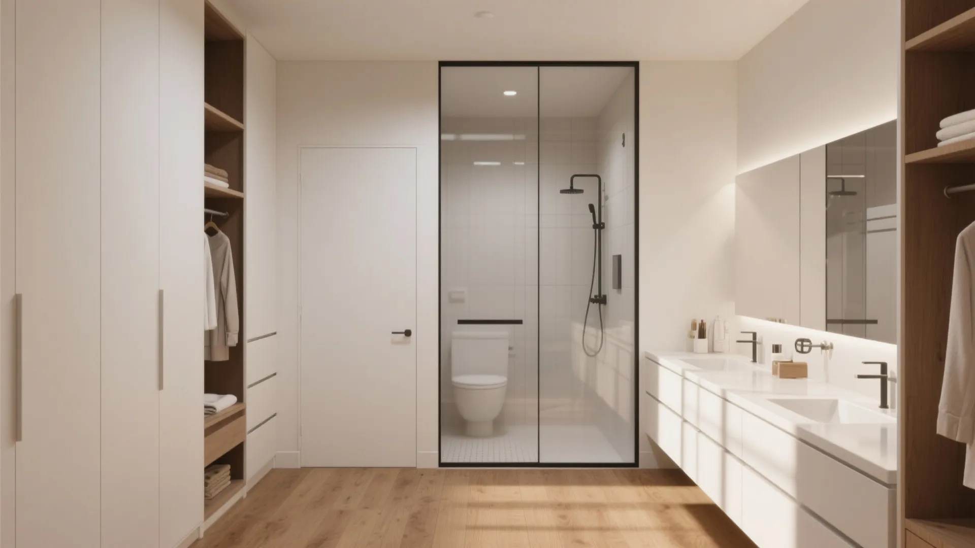 Minimalist white bathroom design featuring glass shower door wooden flooring white cabinets and wall mirror