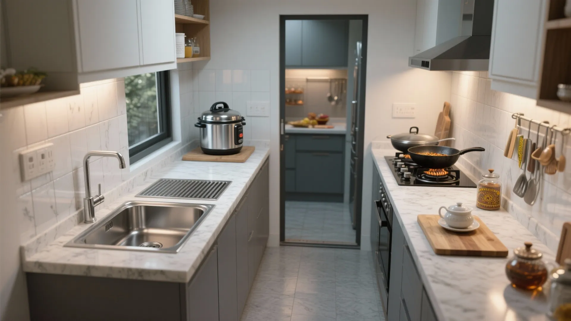 Narrow kitchen with white marble countertops and grey cabinets showing sink and stove cooking areas