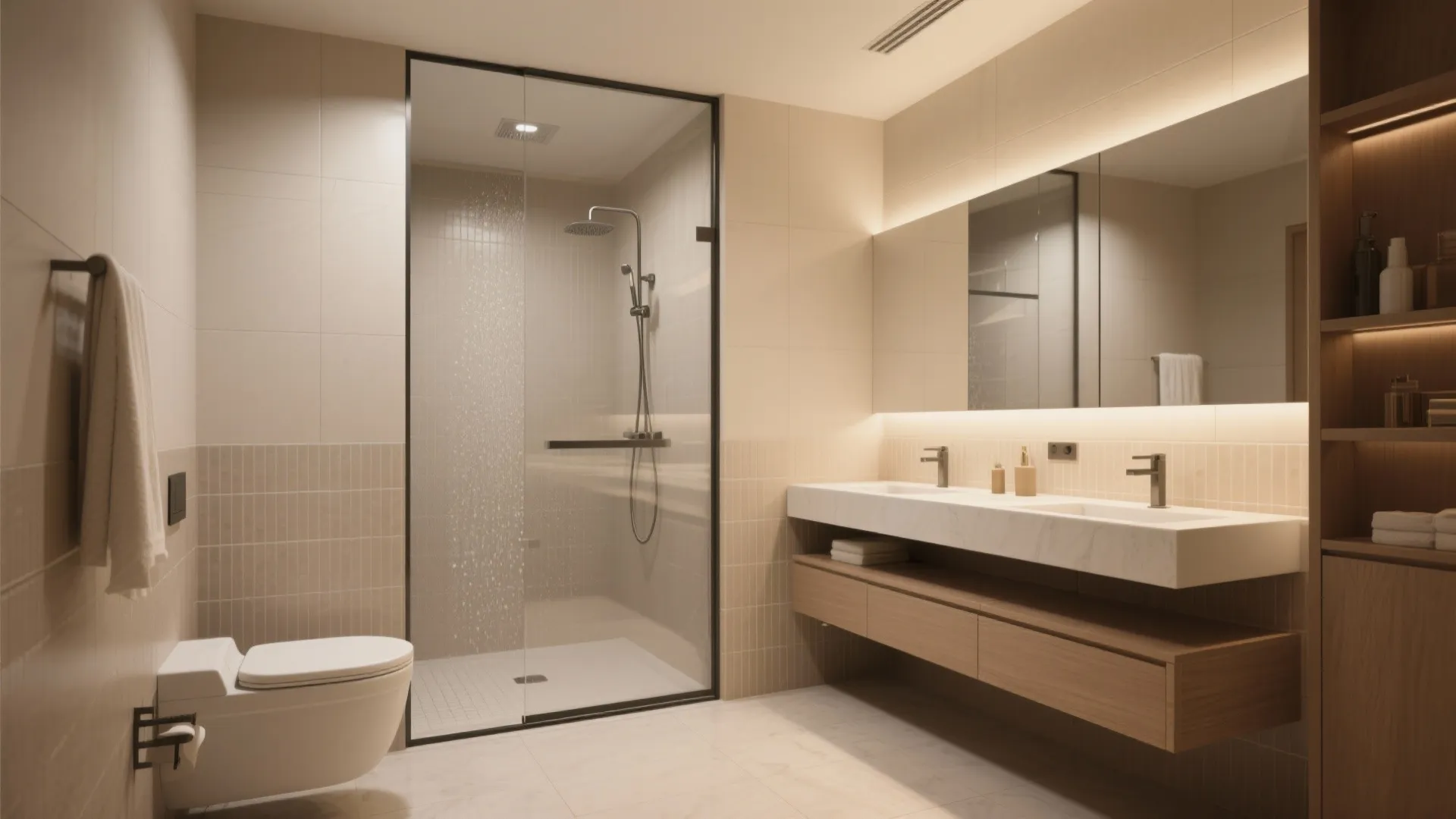 Modern bathroom interior featuring glass shower cabin wooden cabinet double sink and large lighted mirror