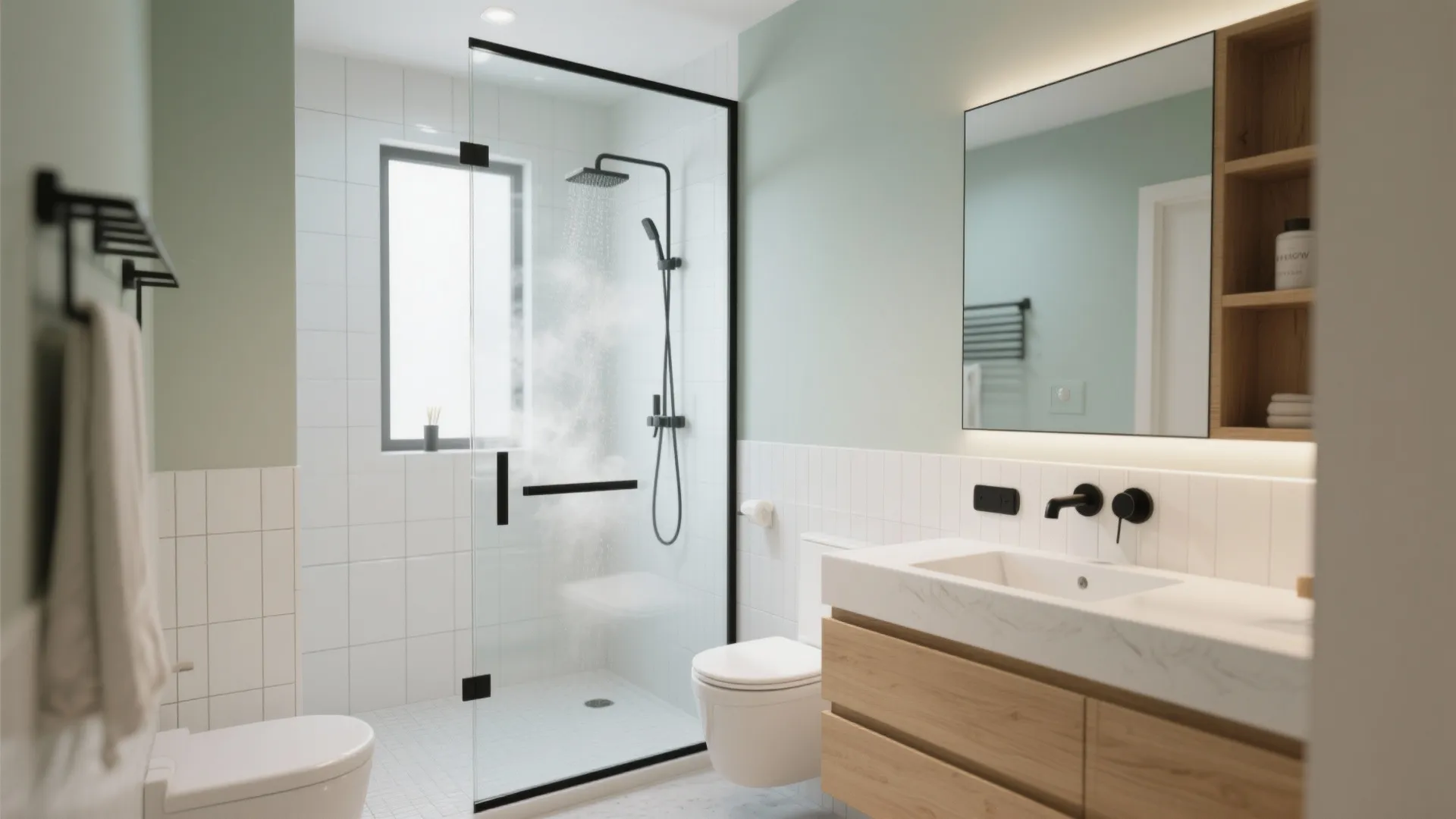 Modern bathroom with glass shower door wooden cabinet white sink toilet and mint green walls