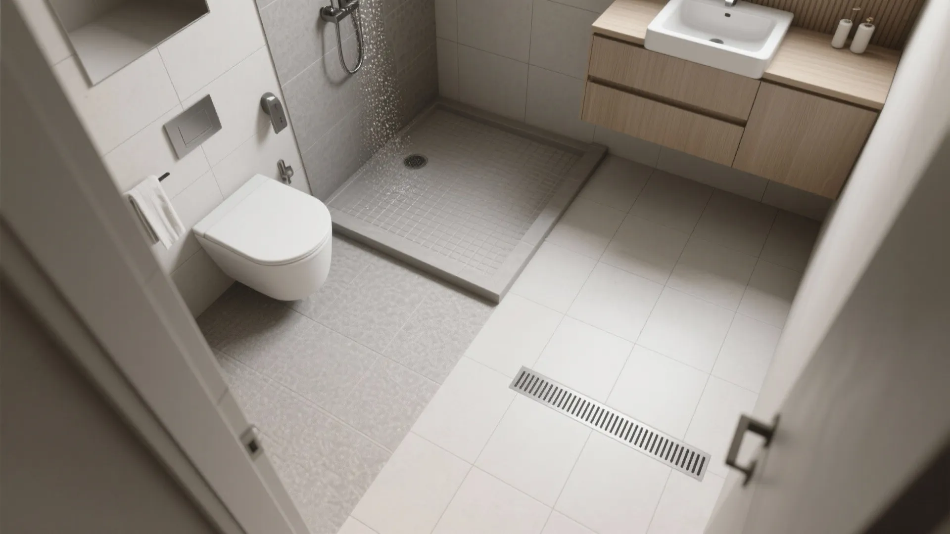 Modern bathroom top view showing toilet and shower area with grey floor and wood cabinet