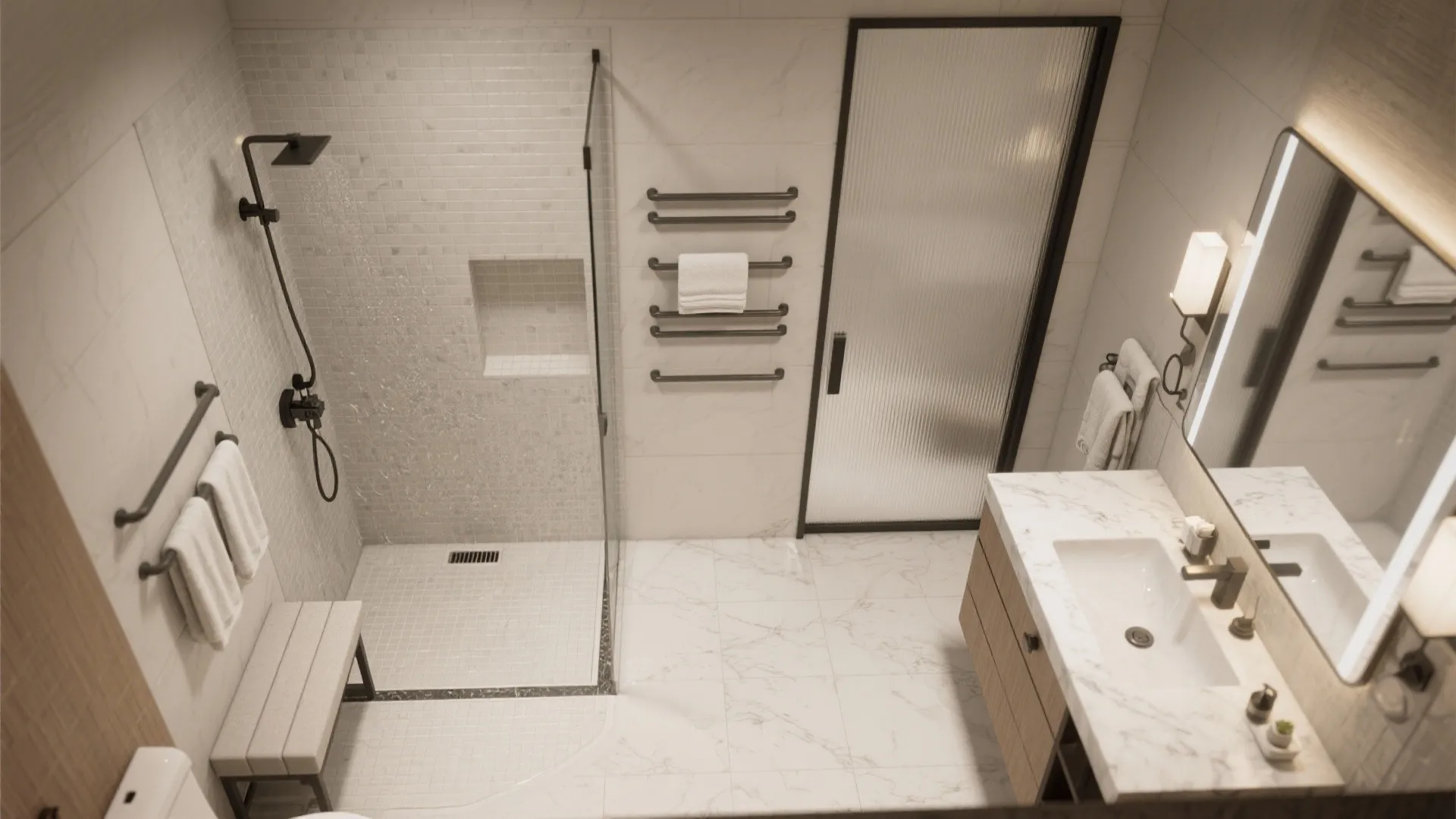 Modern bathroom top view with walk in shower glass door marble sink vanity and towel rack