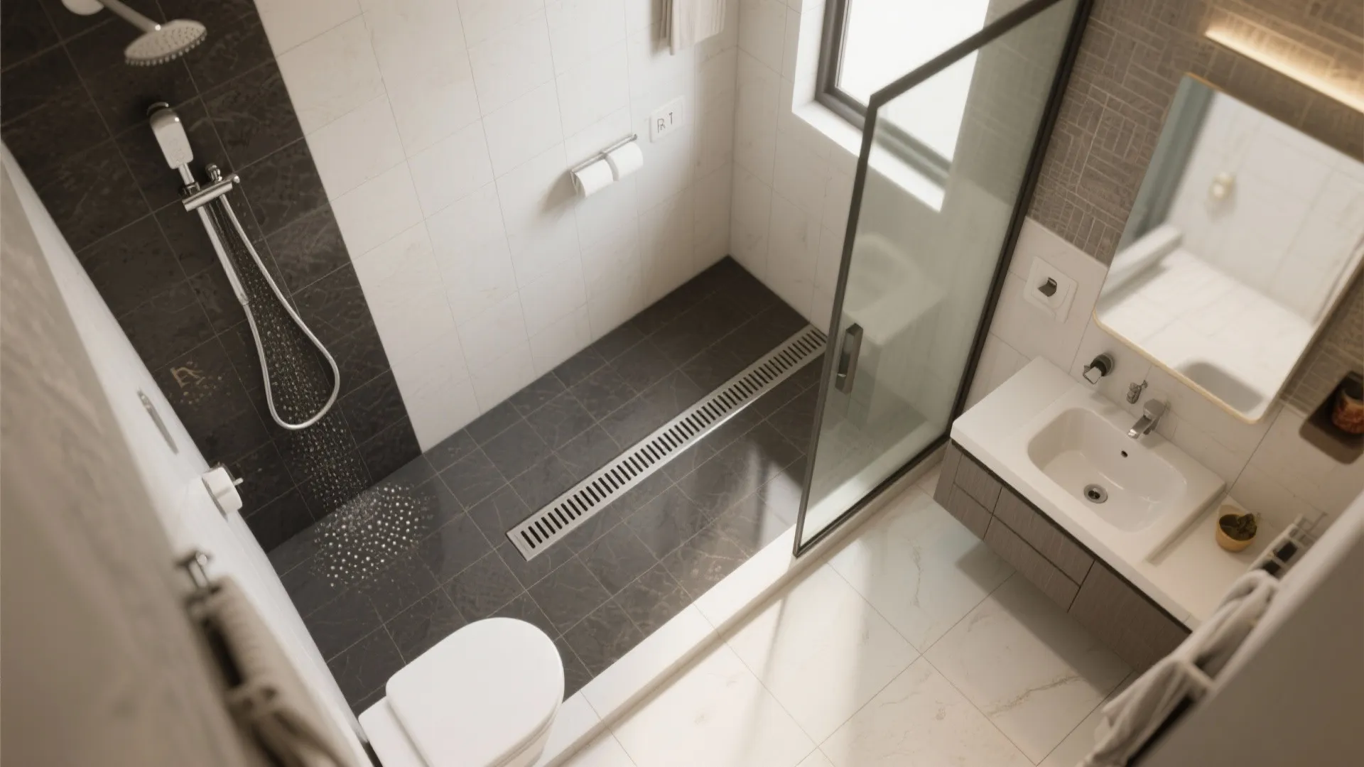 Modern bathroom with walk-in shower, black floor tiles, white wall tiles, sink cabinet, and mirror