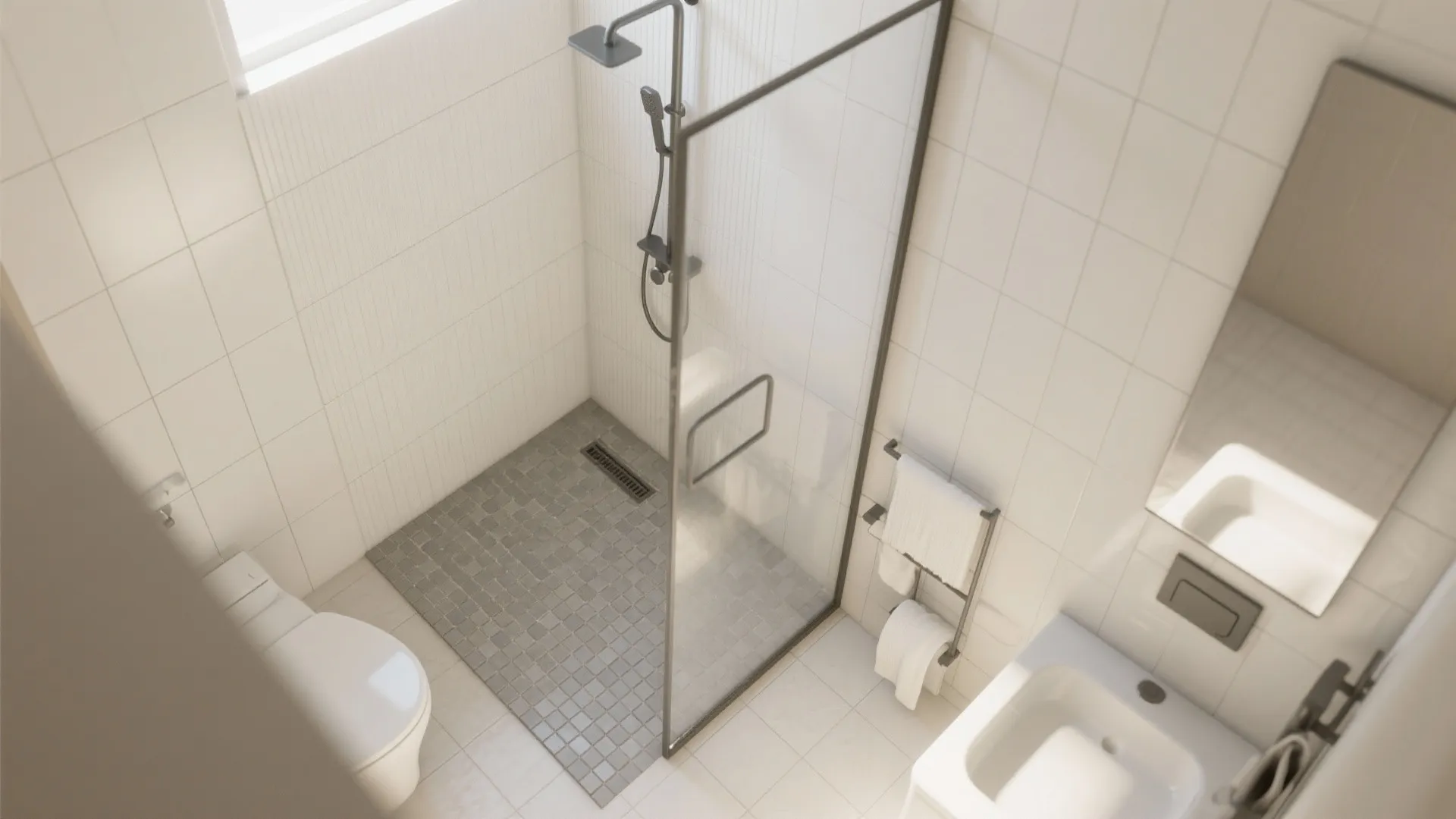 Modern white bathroom with glass shower door, gray tiled floor, white toilet, and white sink