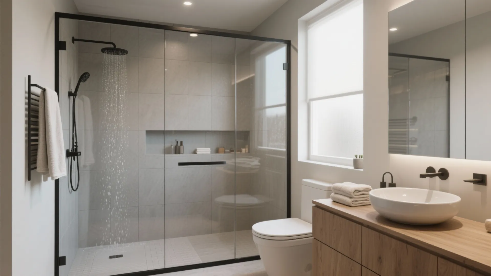 Small master bathroom showing a glass partition separating the shower wet zone from a dry vanity area.