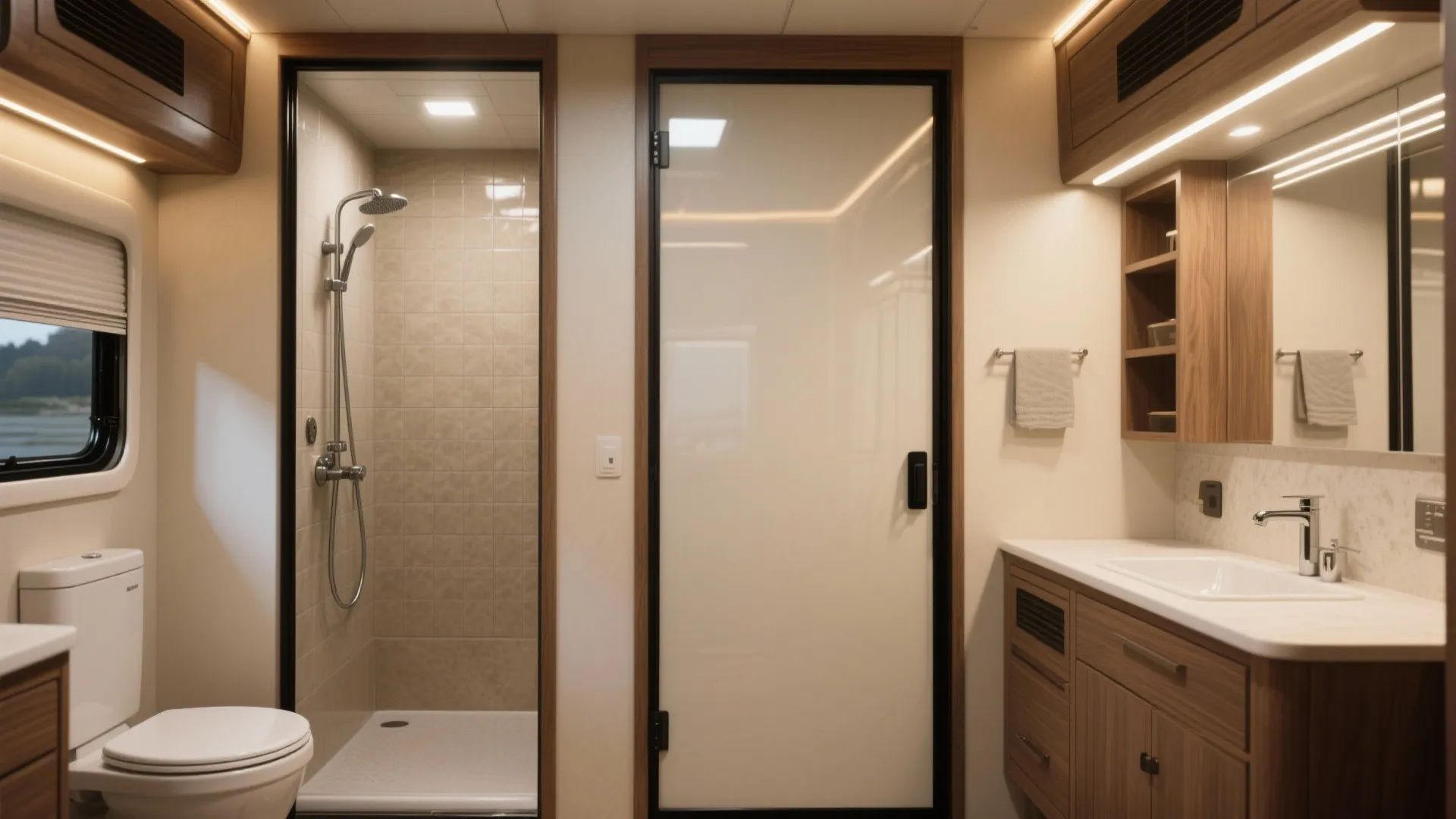 RV interior illustrating wet and dry zoning with a pocket door between shower area and vanity