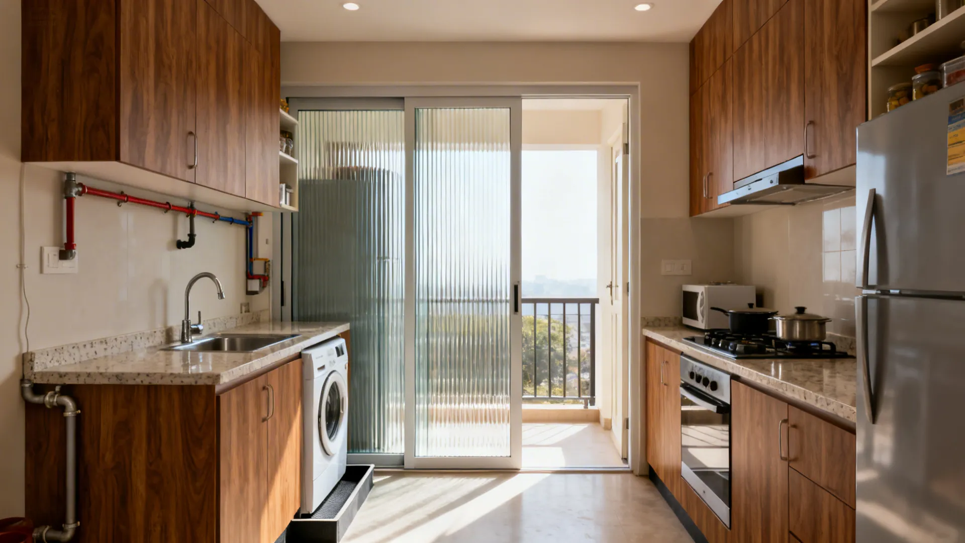 Sliding fluted-glass door separates wet utility zone with washer on plinth from the dry kitchen area.