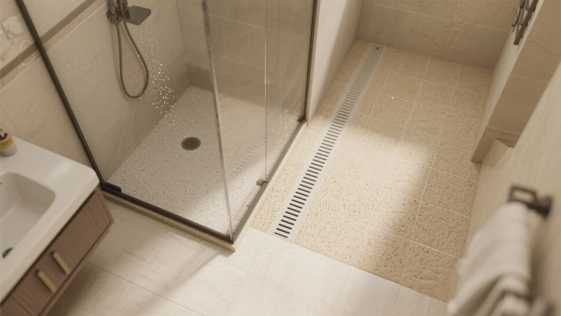 Close up view of bathroom floor tiles with long drain next to glass shower door