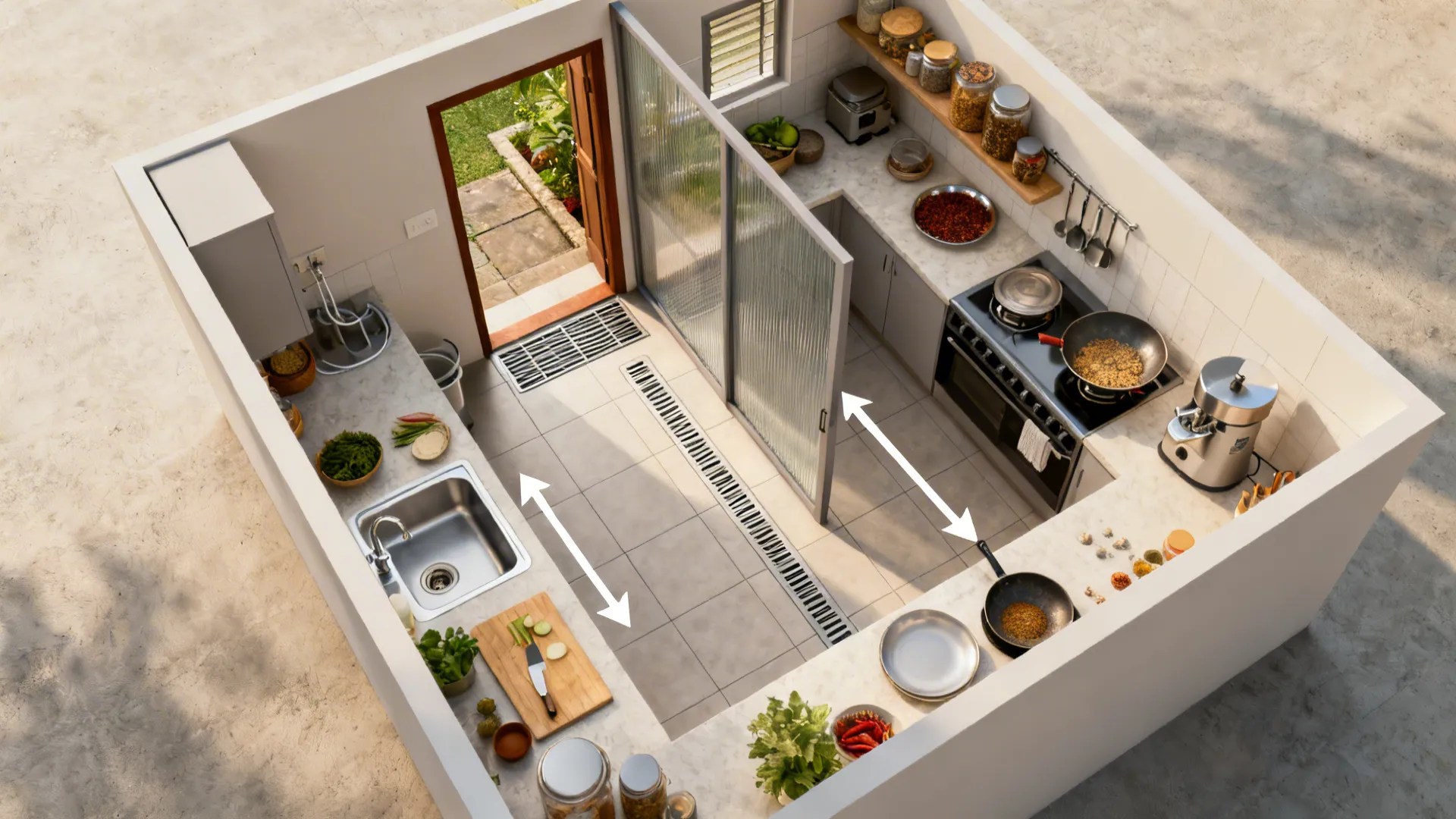 Top-down view of wet–dry kitchen zoning linked to a utility courtyard with a pocket divider.