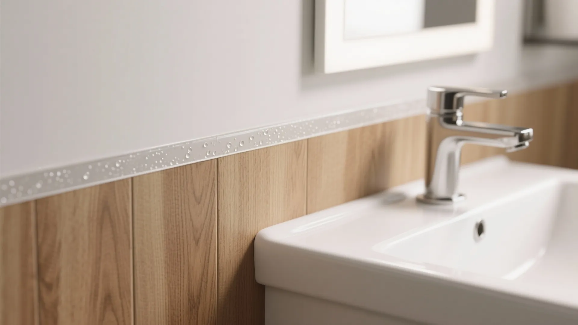 Close up of waterproof seal strip applied between bathroom sink and light wood wall panel