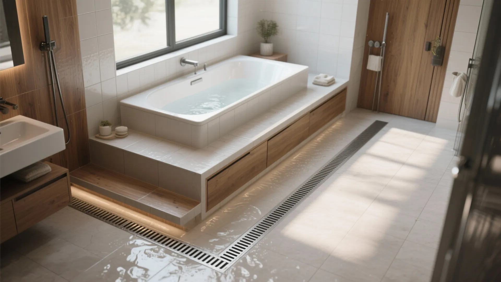 Wooden bathroom interior with white bathtub on raised platform, floor drain, and natural window light