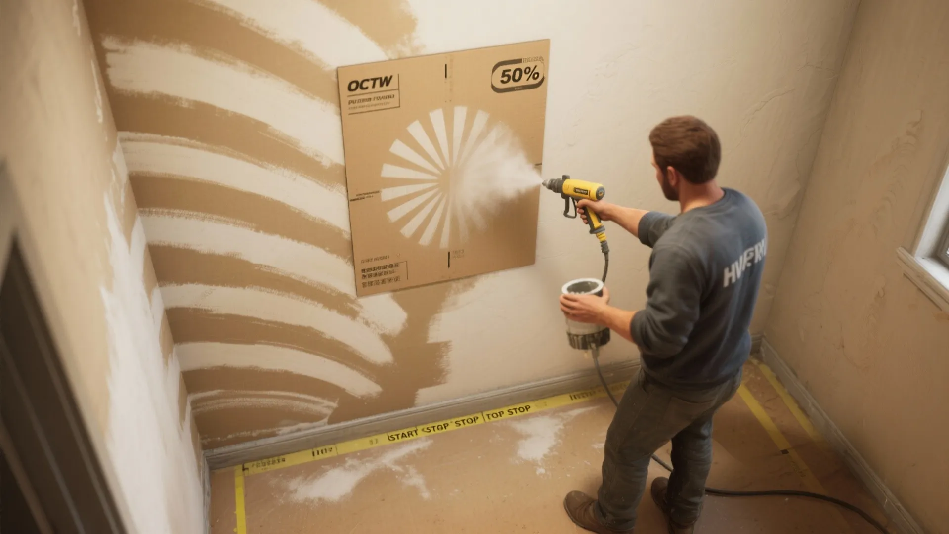 Worker using a spray tool to apply white paint on a wall with cardboard protection