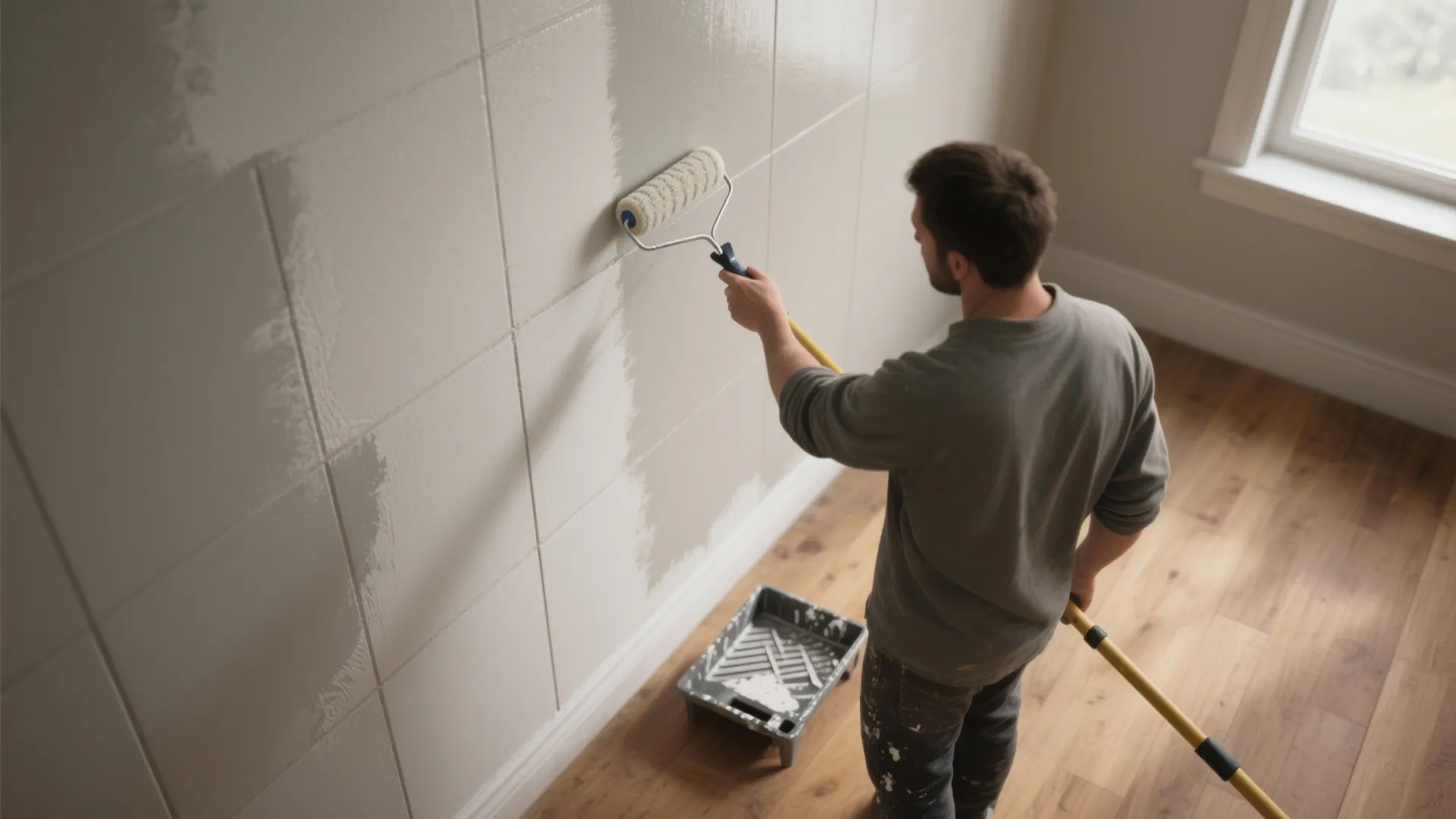 Man using long handle paint roller to apply white paint on wall with wood flooring