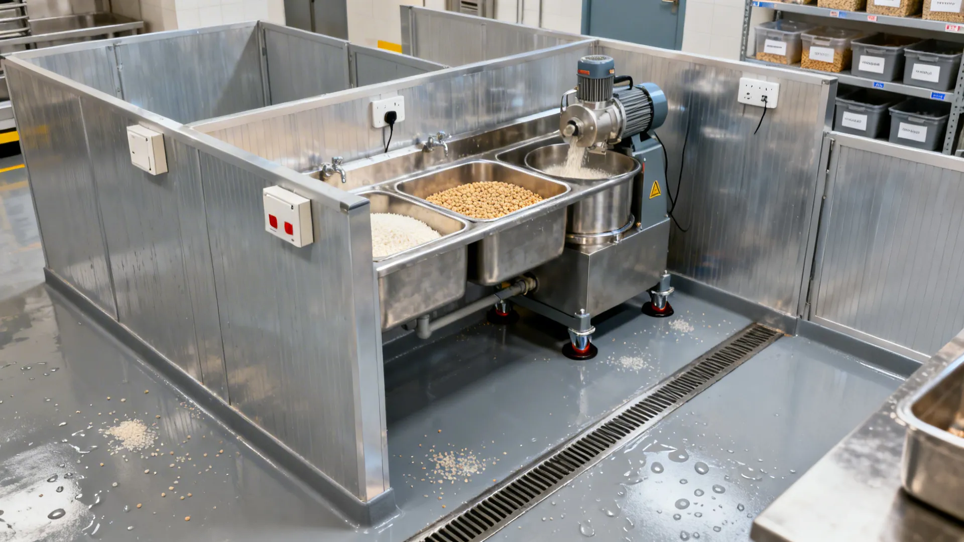 Wet grinding area with sinks, soaking bins, splash guards, and floor drains on coved flooring.