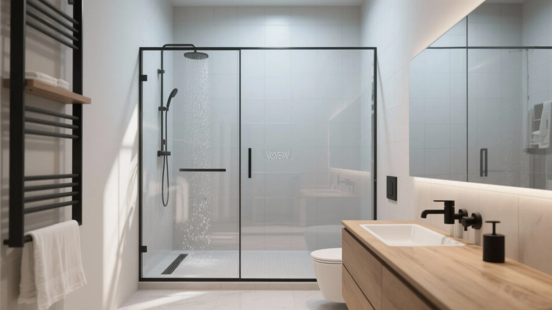 Wet Room with Fixed Panel and Linear Drain