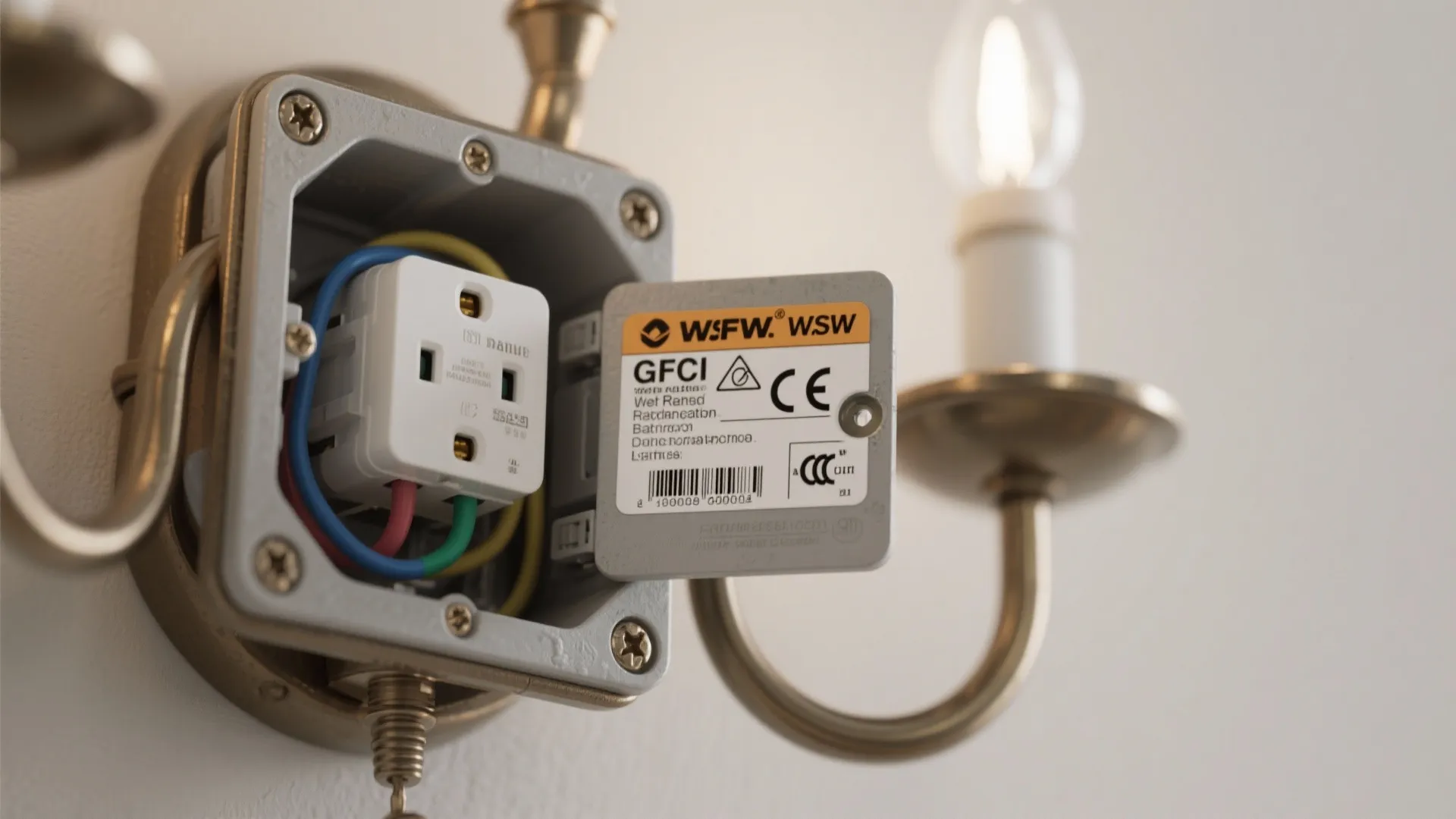 Close-up of a wet-rating label and GFCI-marked junction box demonstrating safe bathroom chandelier installation.