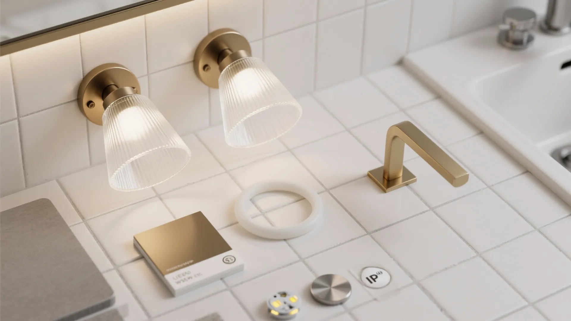 White bathroom tiles displaying gold wall lights gold tap and several interior design material samples