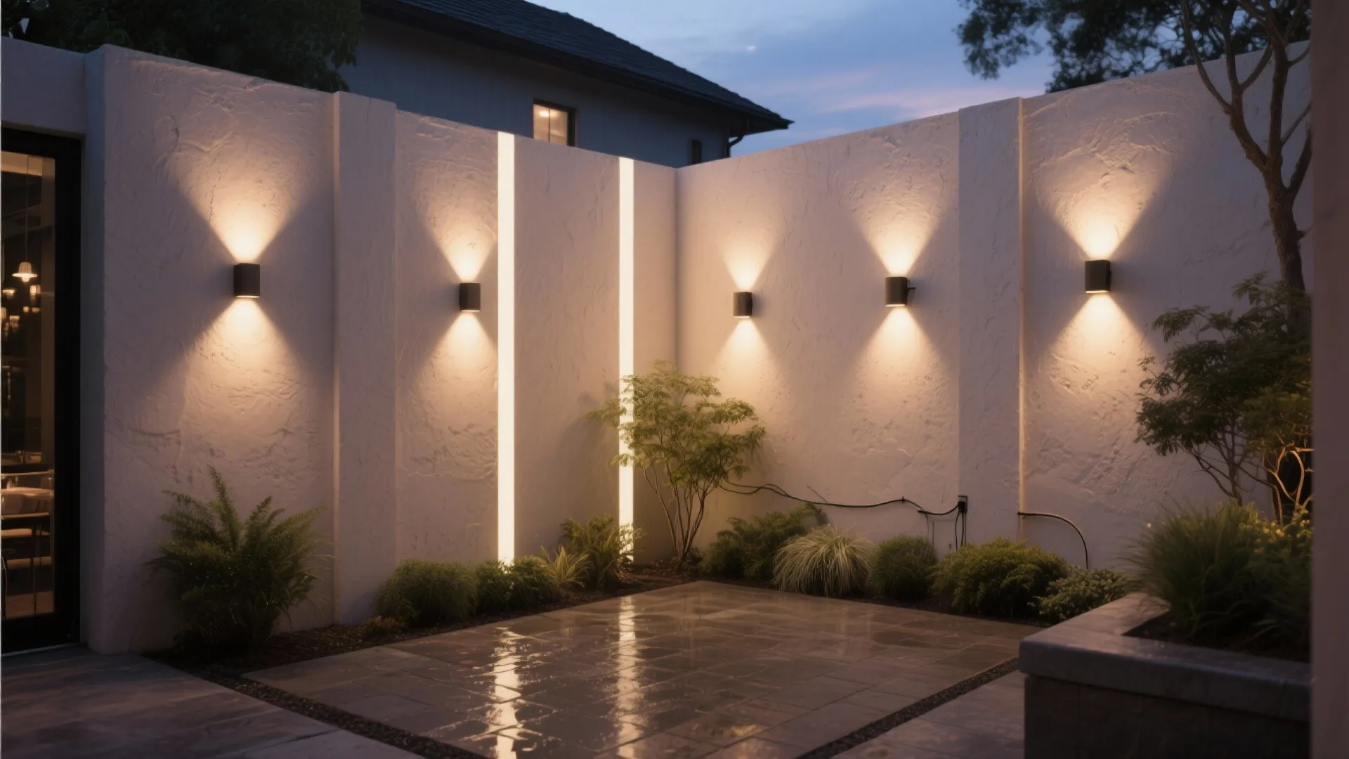 Layered lighting with wet-rated up/down fixtures