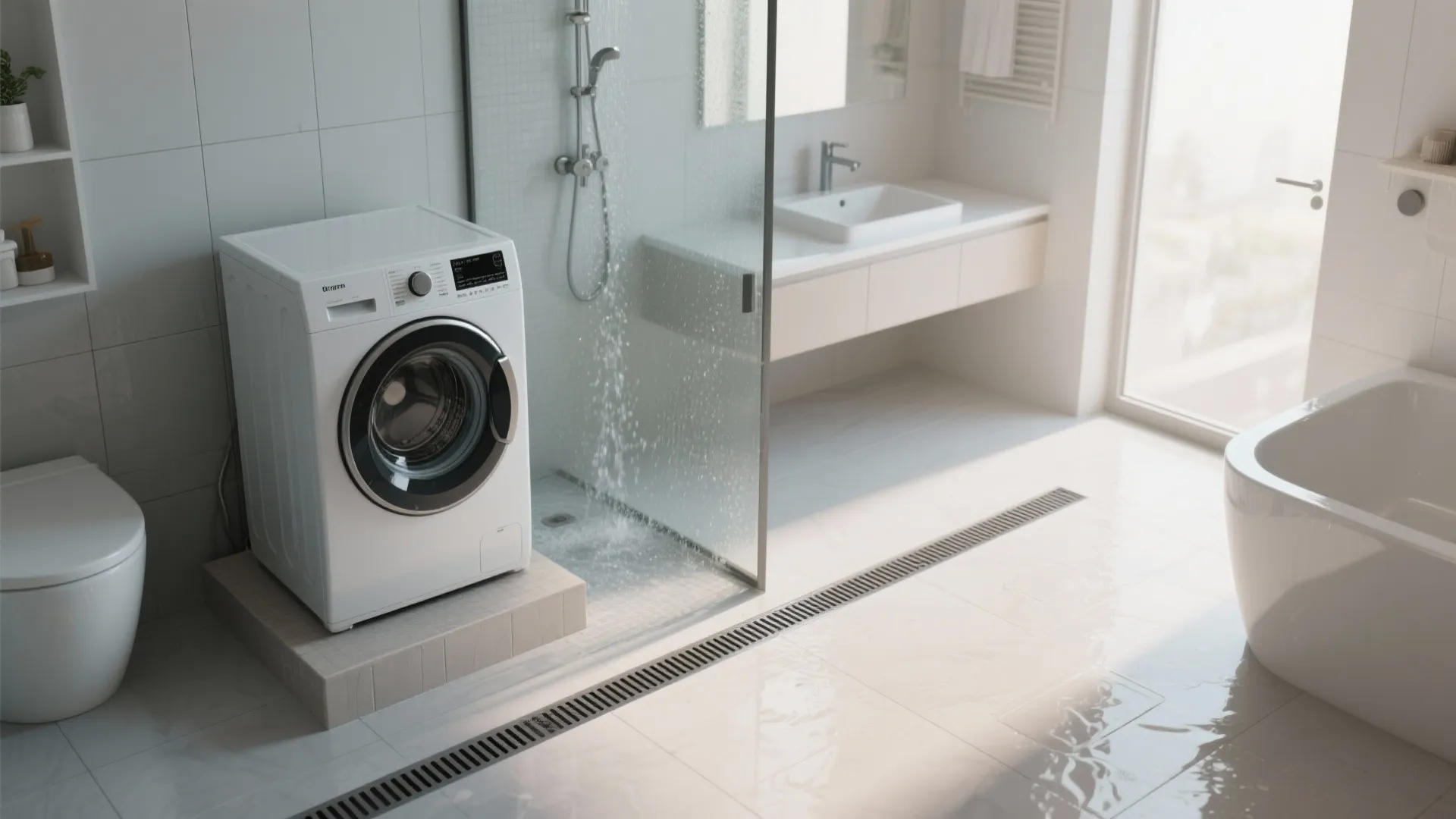 Modern white bathroom with washing machine glass shower door white sink bathtub and floor drainage system