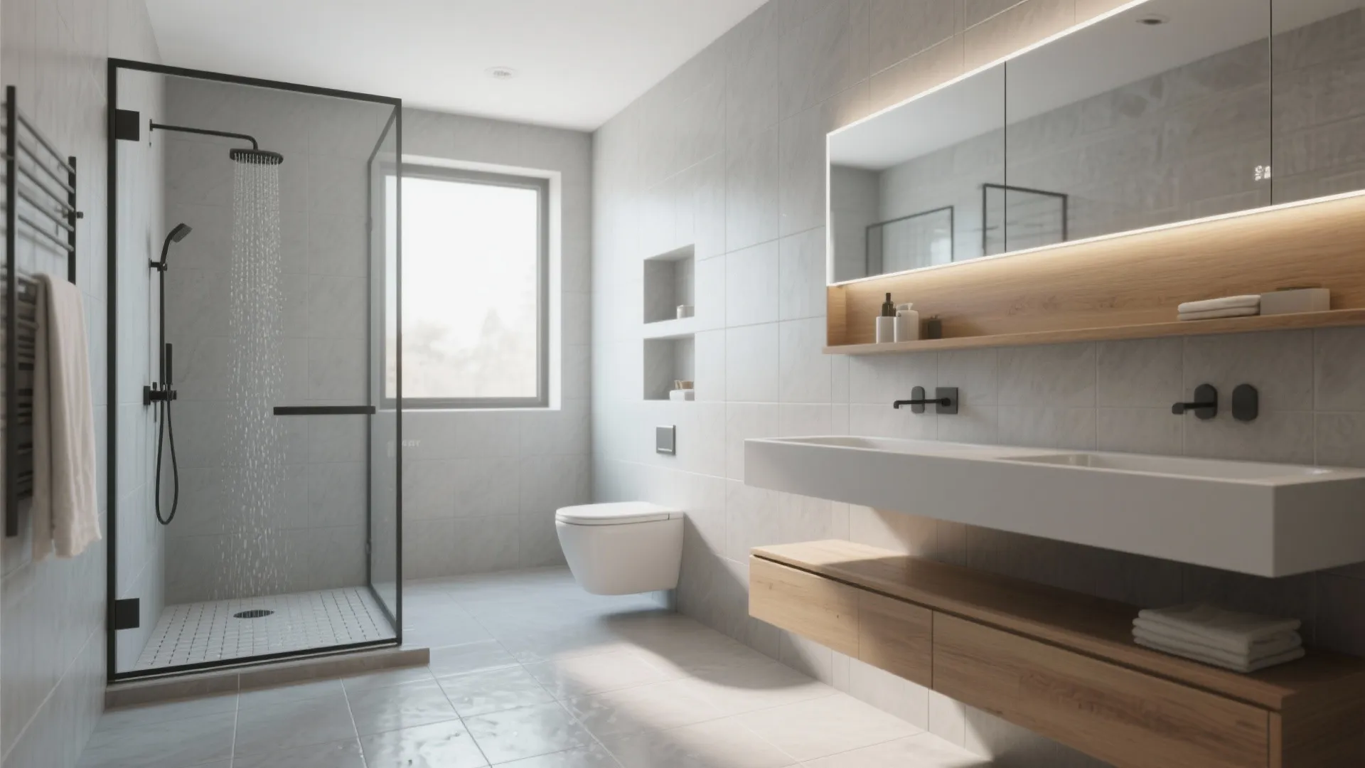 Open wet-room conversion in a compact bathroom with seamless tiled floor and floating vanity.