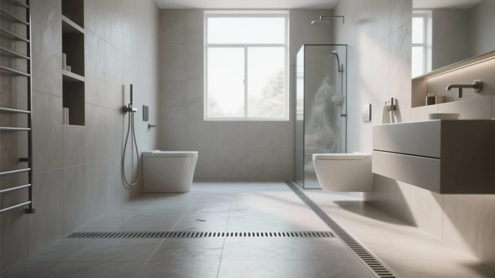 Modern minimal wet room with grey tiles floating vanity glass shower door and bright window light