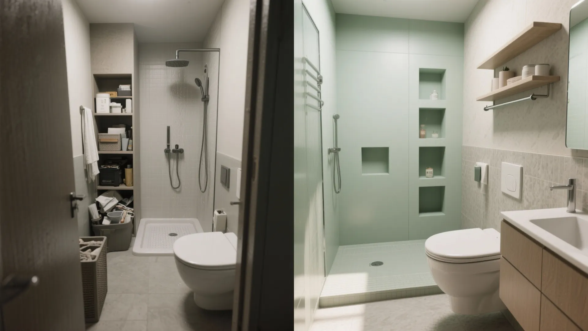 Before and after comparison of a messy bathroom versus a clean modern green shower room