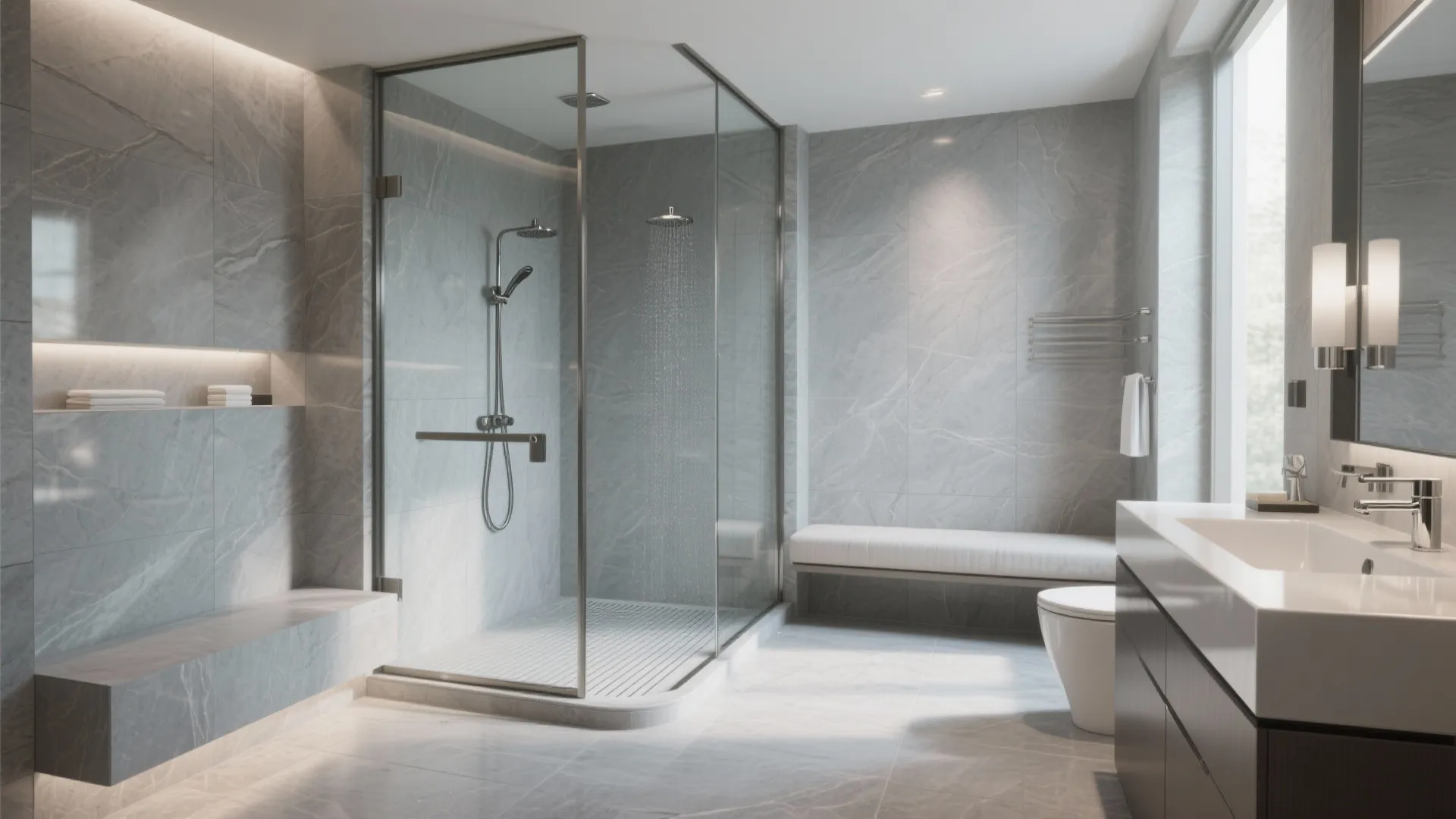Hotel-style wet room with frameless glass shower, linear drain, large-format stone tiles and built-in bench.