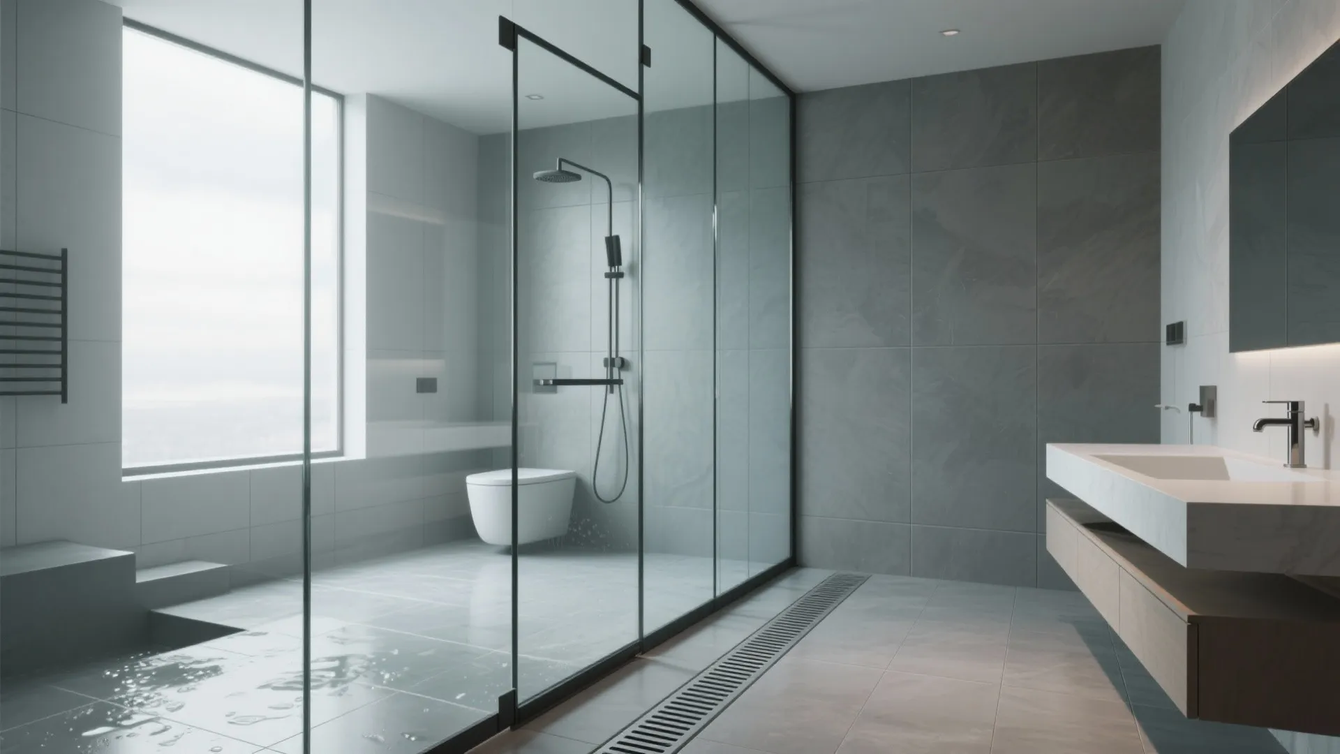 Open wet-room with frameless glass partition, continuous floor tile, and linear drain for a compact shared bath.