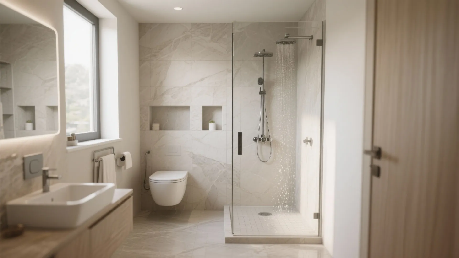 Bright bathroom interior design with glass shower wall marble tiles white sink and wall toilet