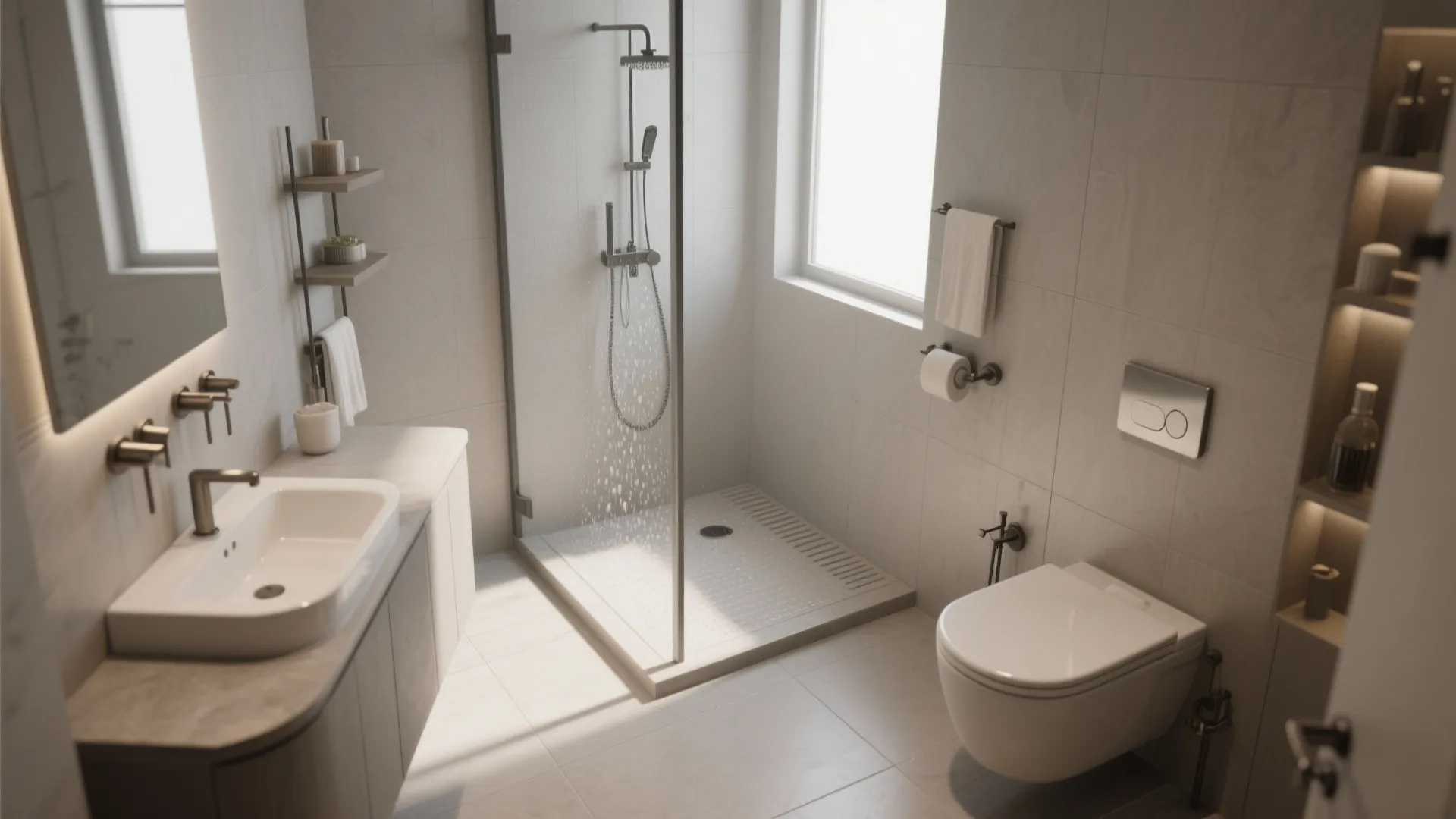 Spacious modern bathroom featuring glass walk in shower white toilet vanity sink and bright windows