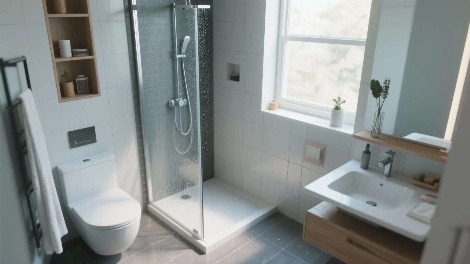 Small modern bathroom with walk in shower toilet wooden shelves white sink and large window view