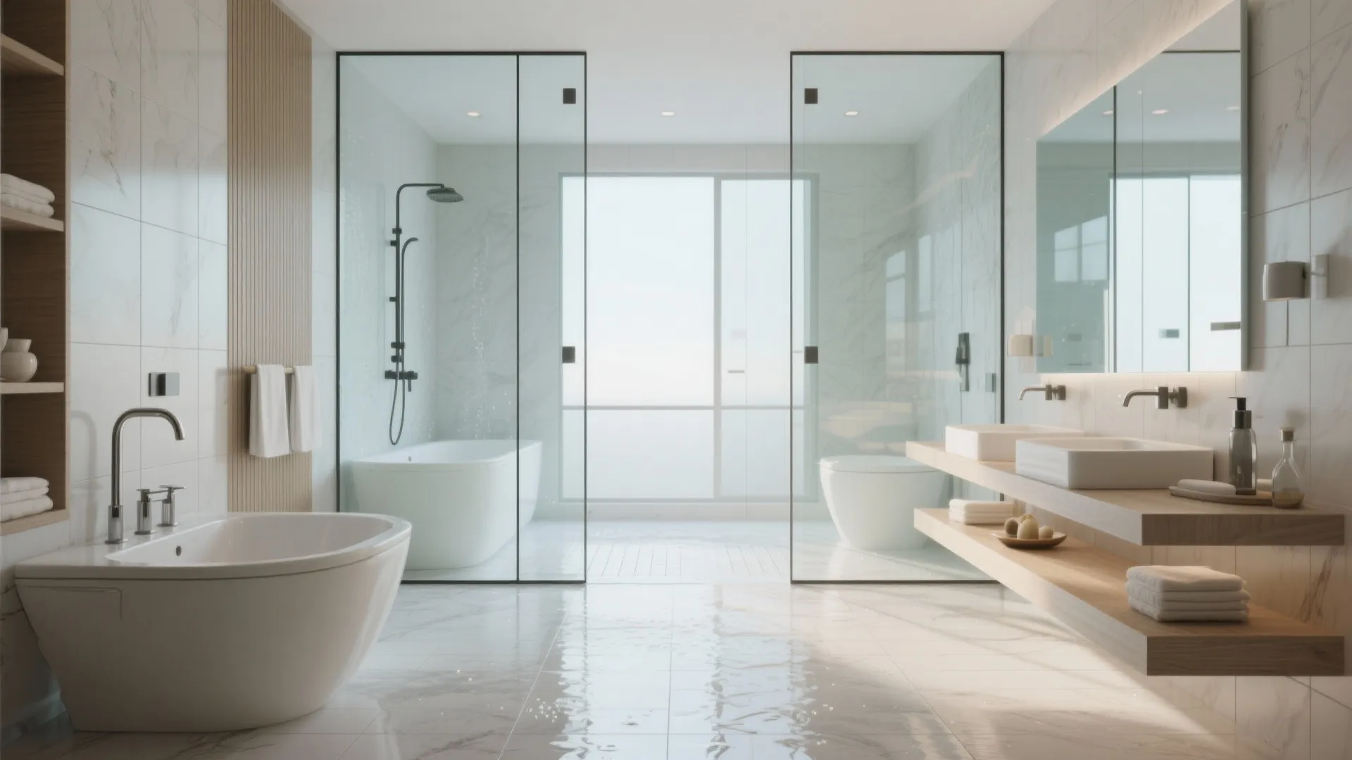 Wet room bathroom with seamless floor and open design