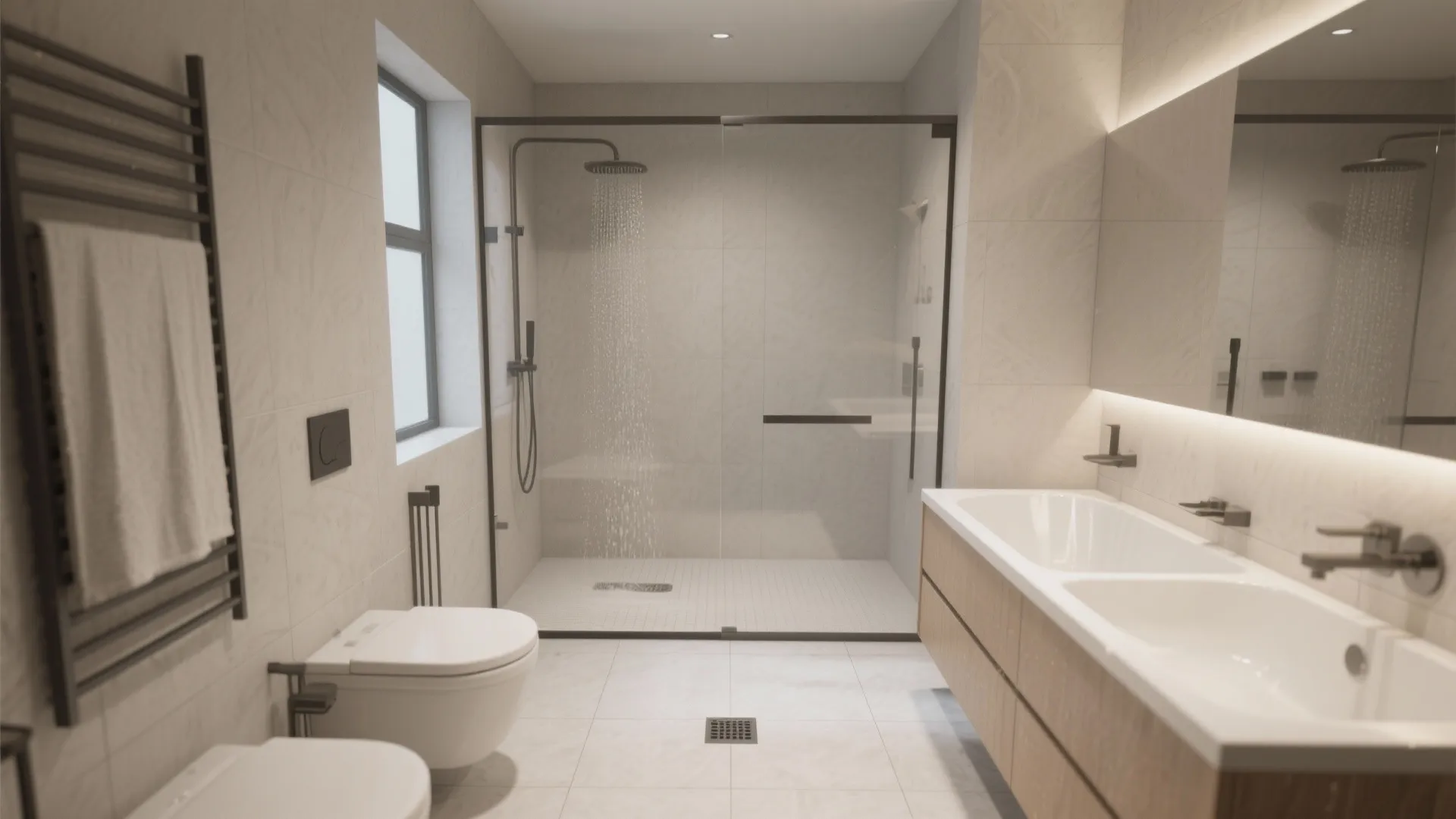 Modern bathroom featuring glass shower door, double sink vanity, toilet, and black wall towel rack