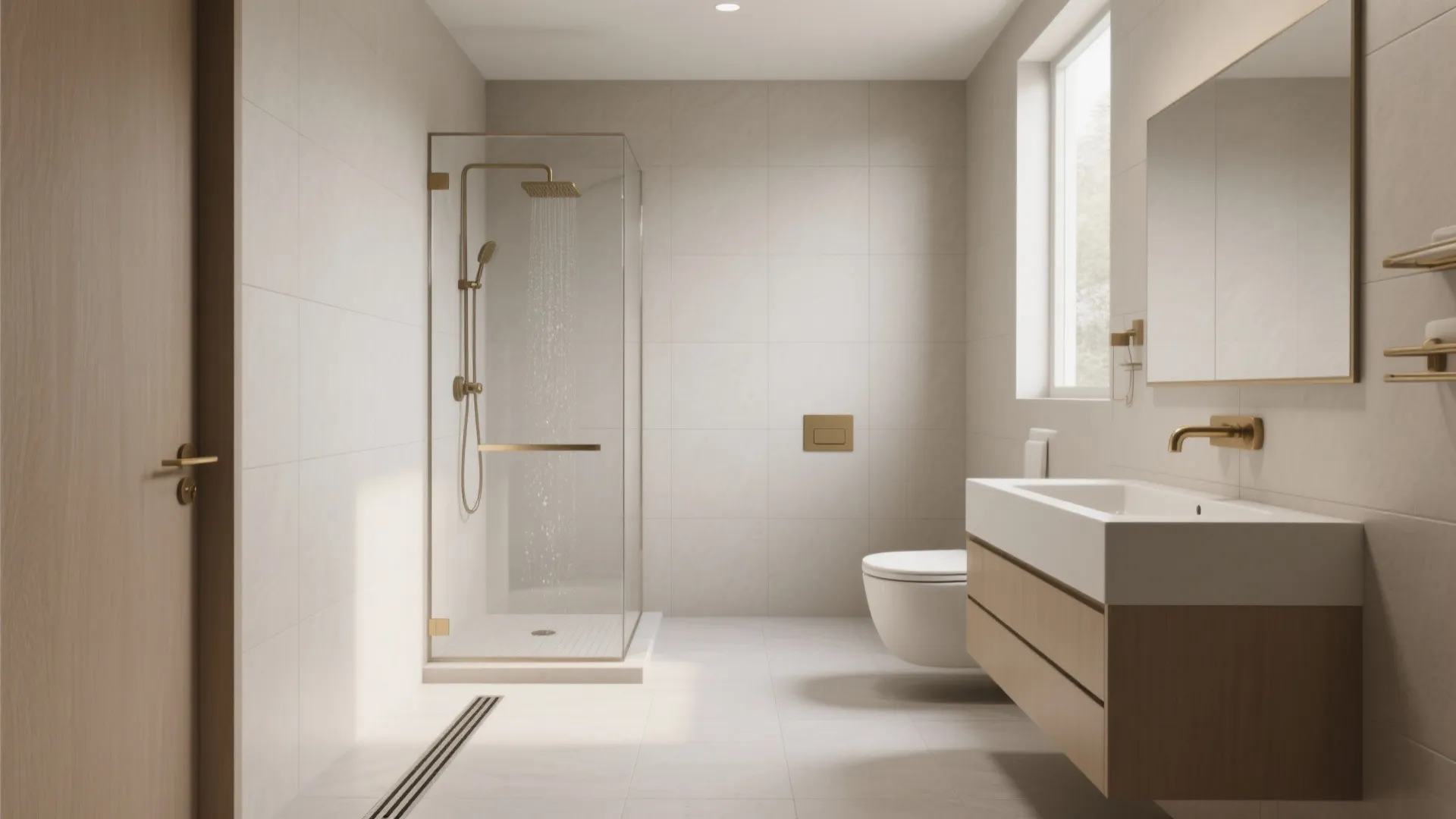 Modern bathroom with glass shower gold light fixture wooden cabinet white toilet and natural light
